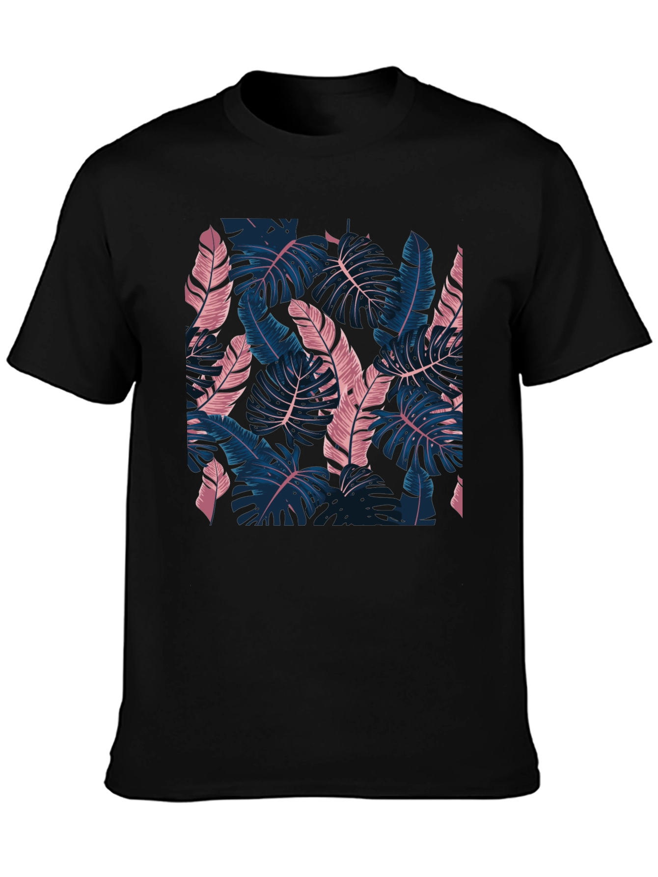 Tropical Leaf Print Black T-Shirt