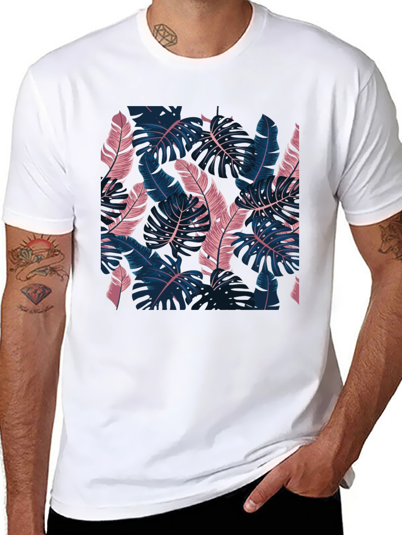 Tropical Leaf Print Black T-Shirt