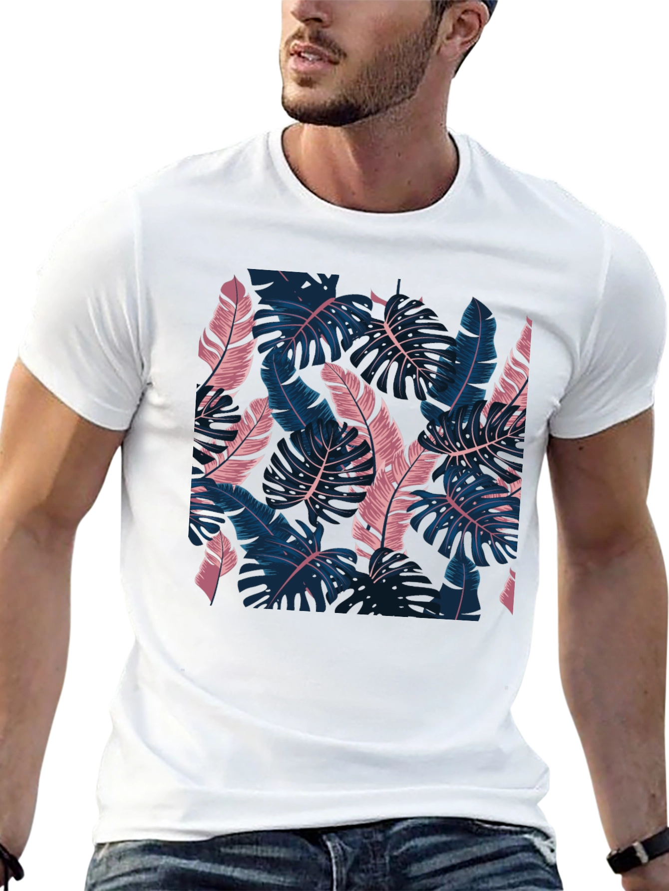 Tropical Leaf Print Black T-Shirt