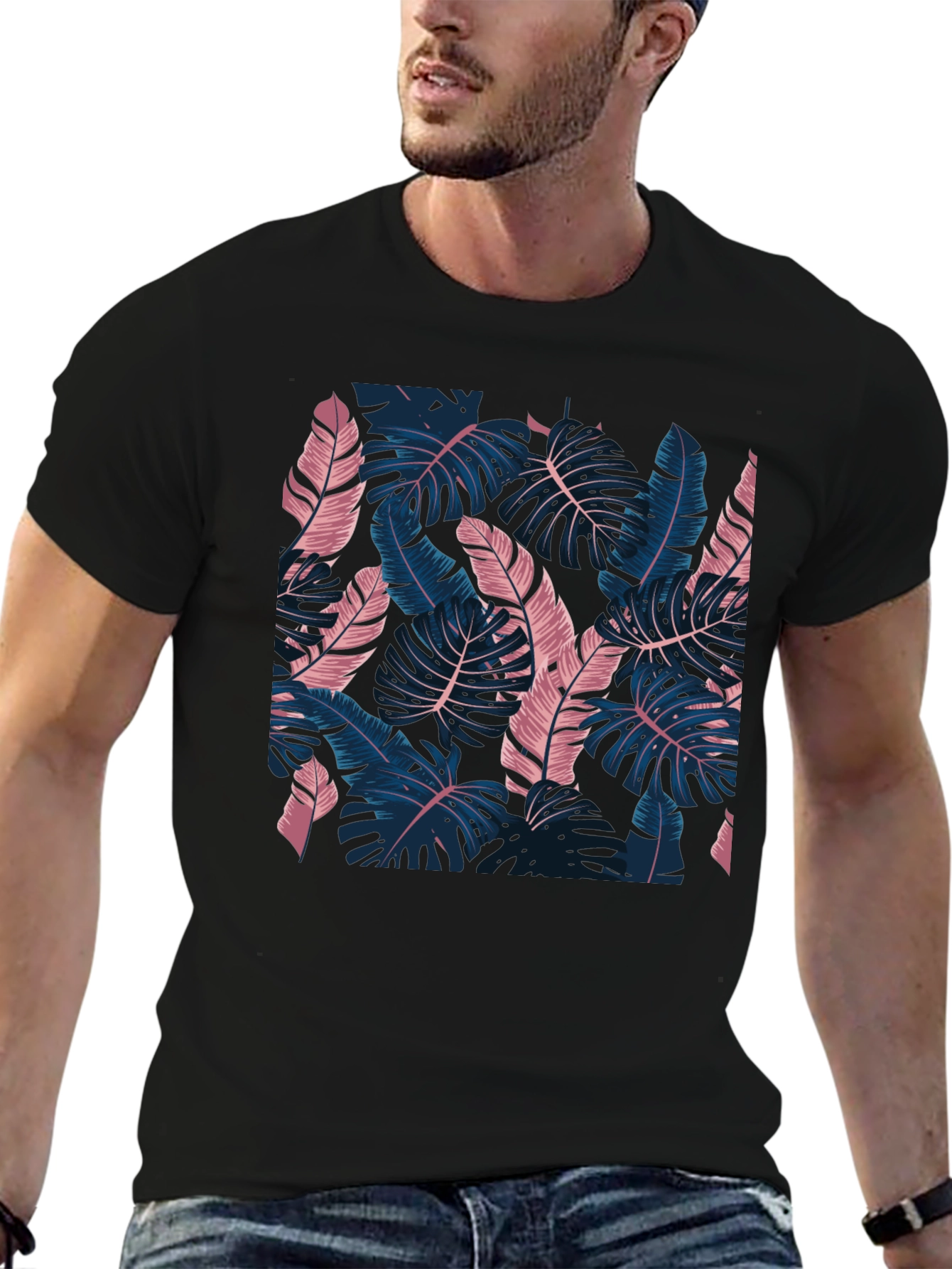 Tropical Leaf Print Black T-Shirt