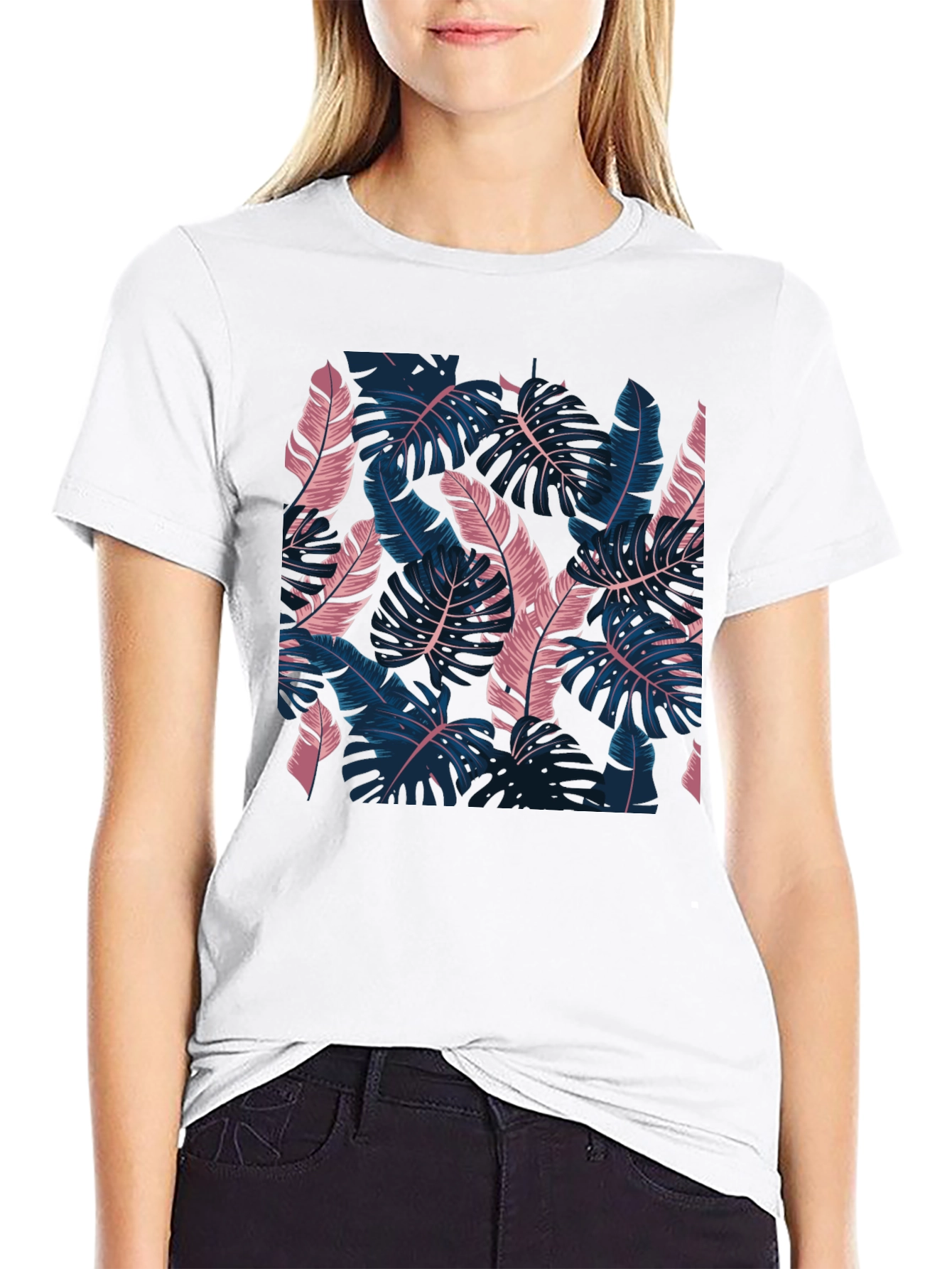 Tropical Leaf Print Black T-Shirt