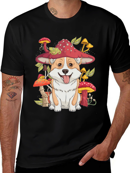 Corgi & Mushroom Graphic Tee - Whimsical Dog T-Shirt