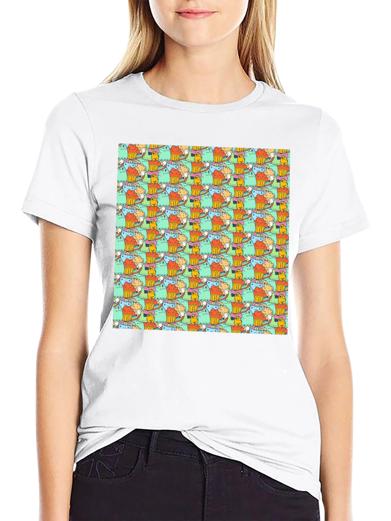Fun Cartoon Character Pattern Black T-Shirt