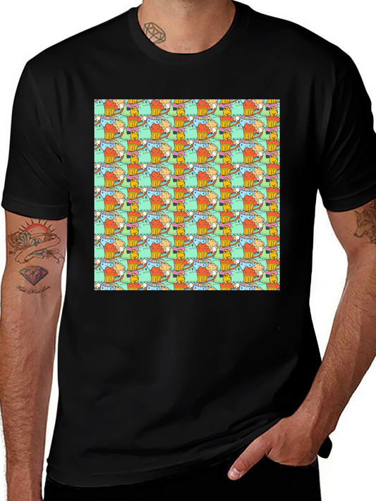 Fun Cartoon Character Pattern Black T-Shirt