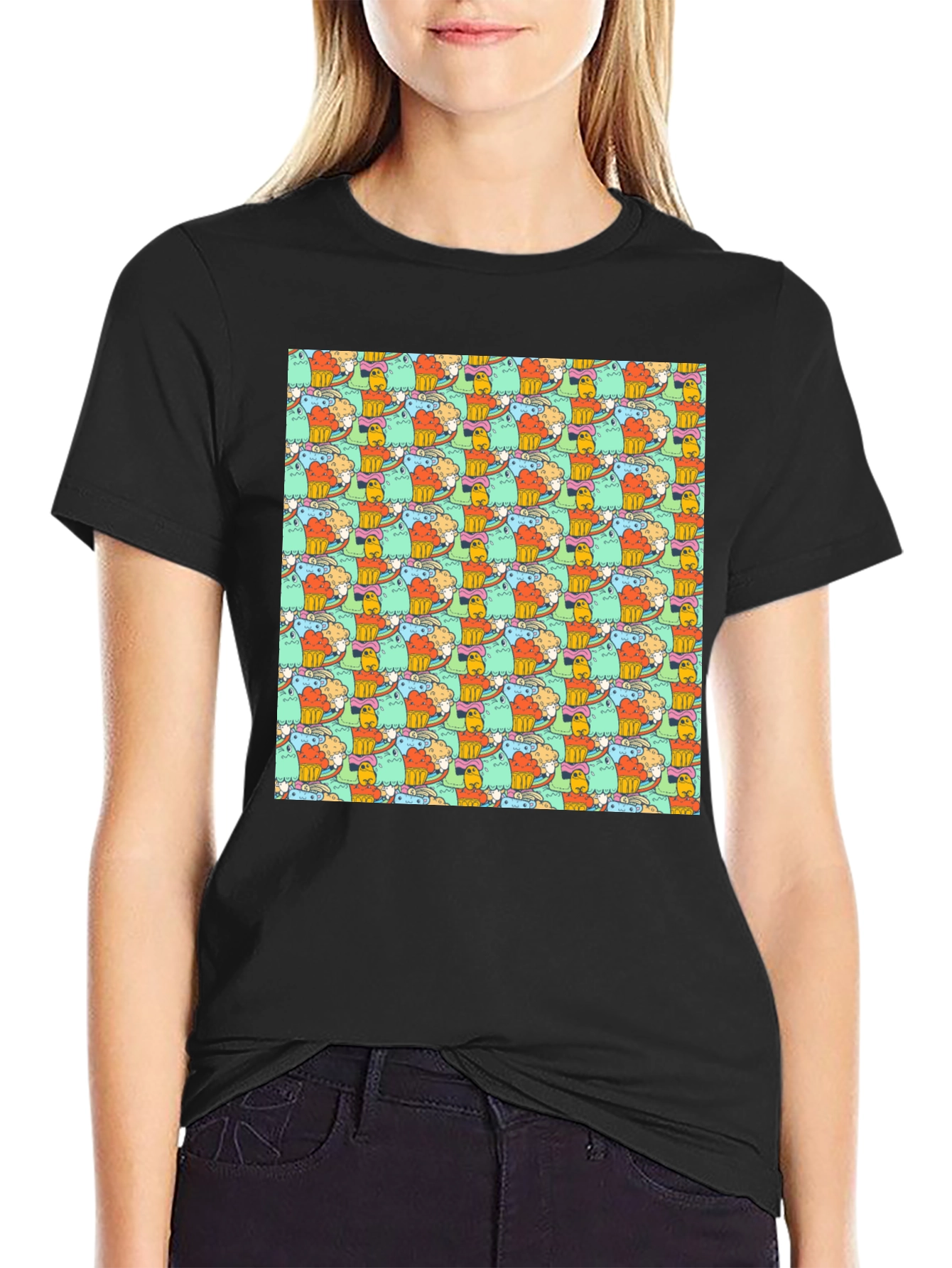 Fun Cartoon Character Pattern Black T-Shirt