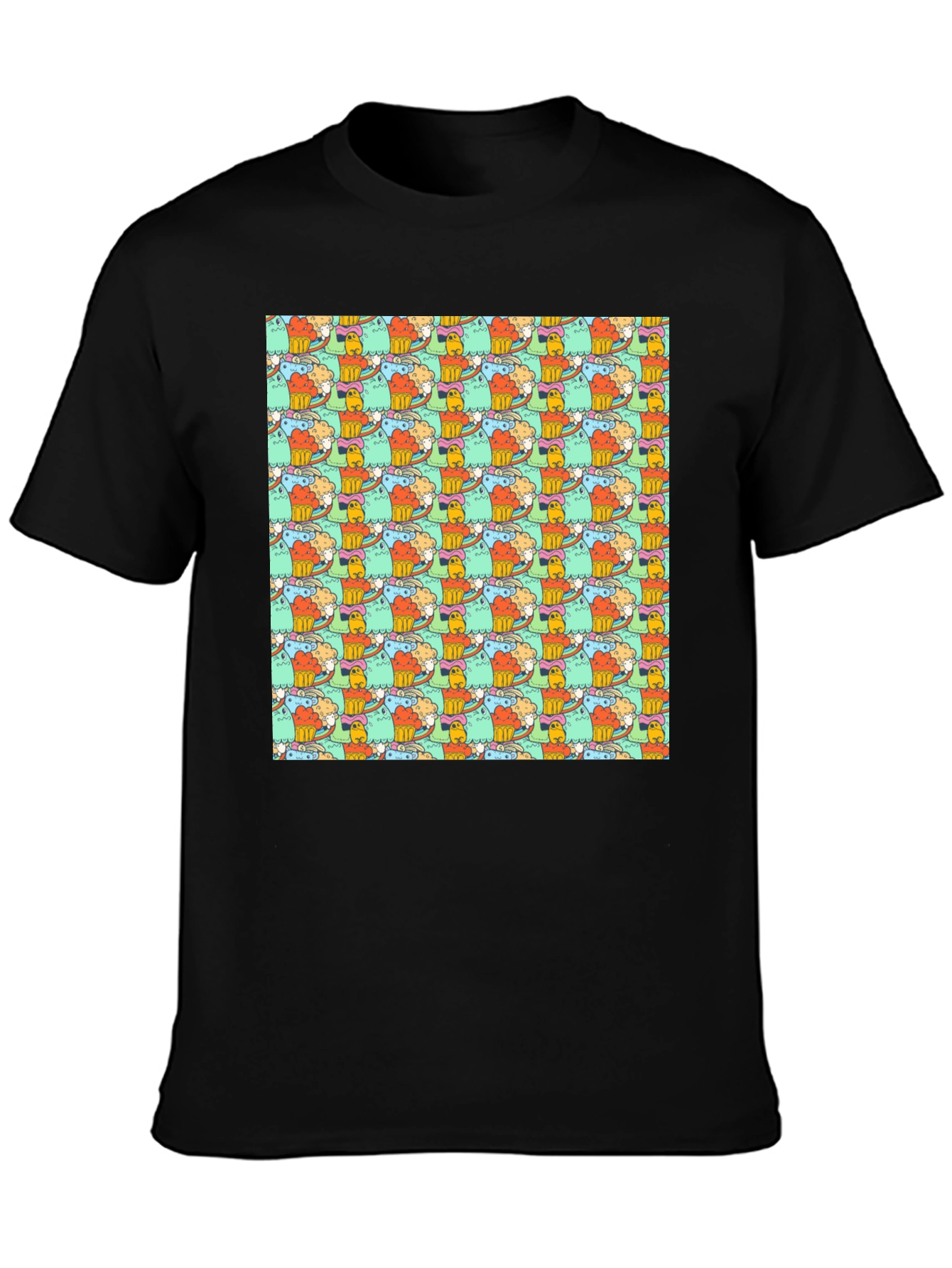 Fun Cartoon Character Pattern Black T-Shirt