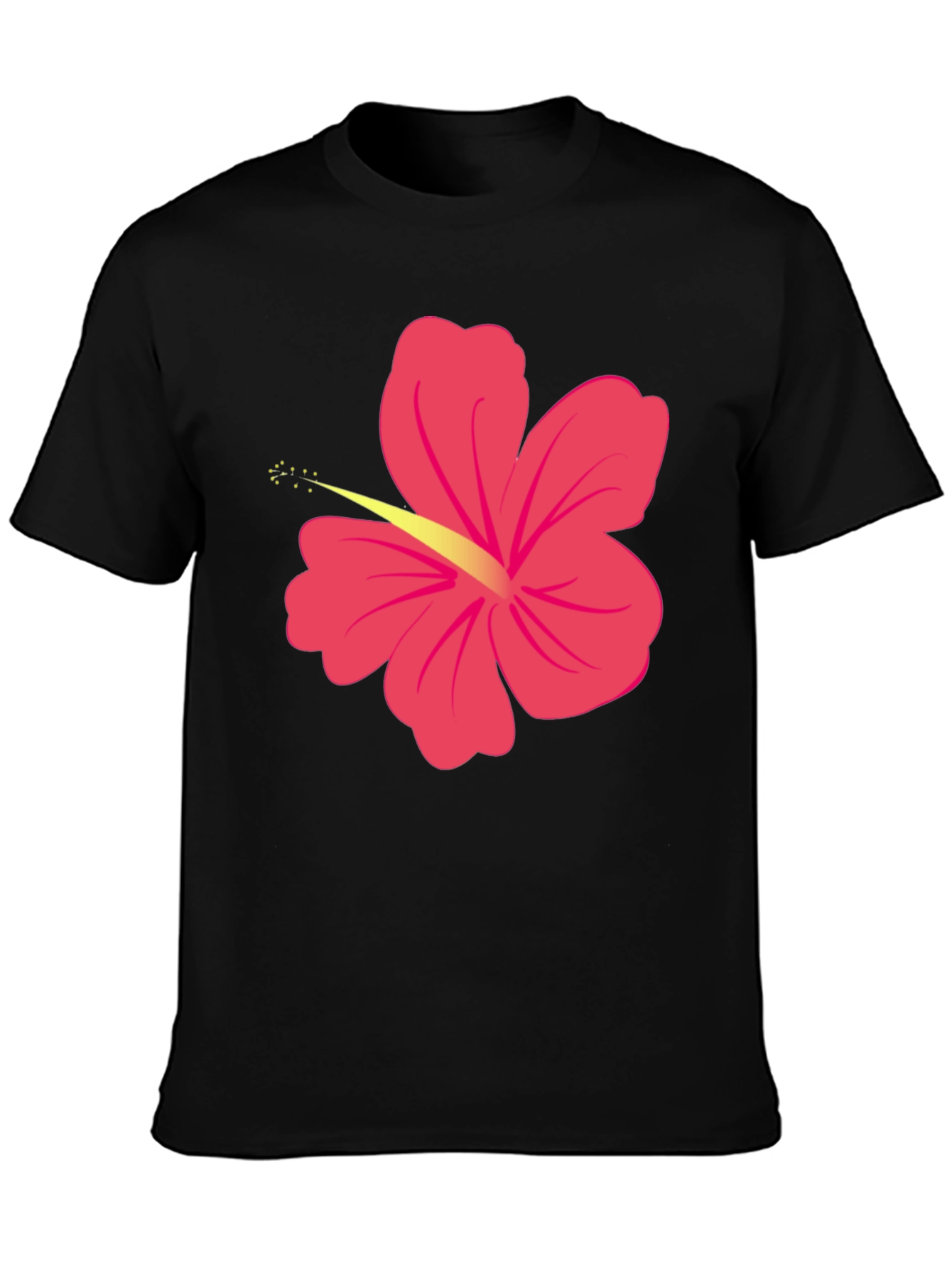 Black T-Shirt with Pink Hibiscus Flower Graphic