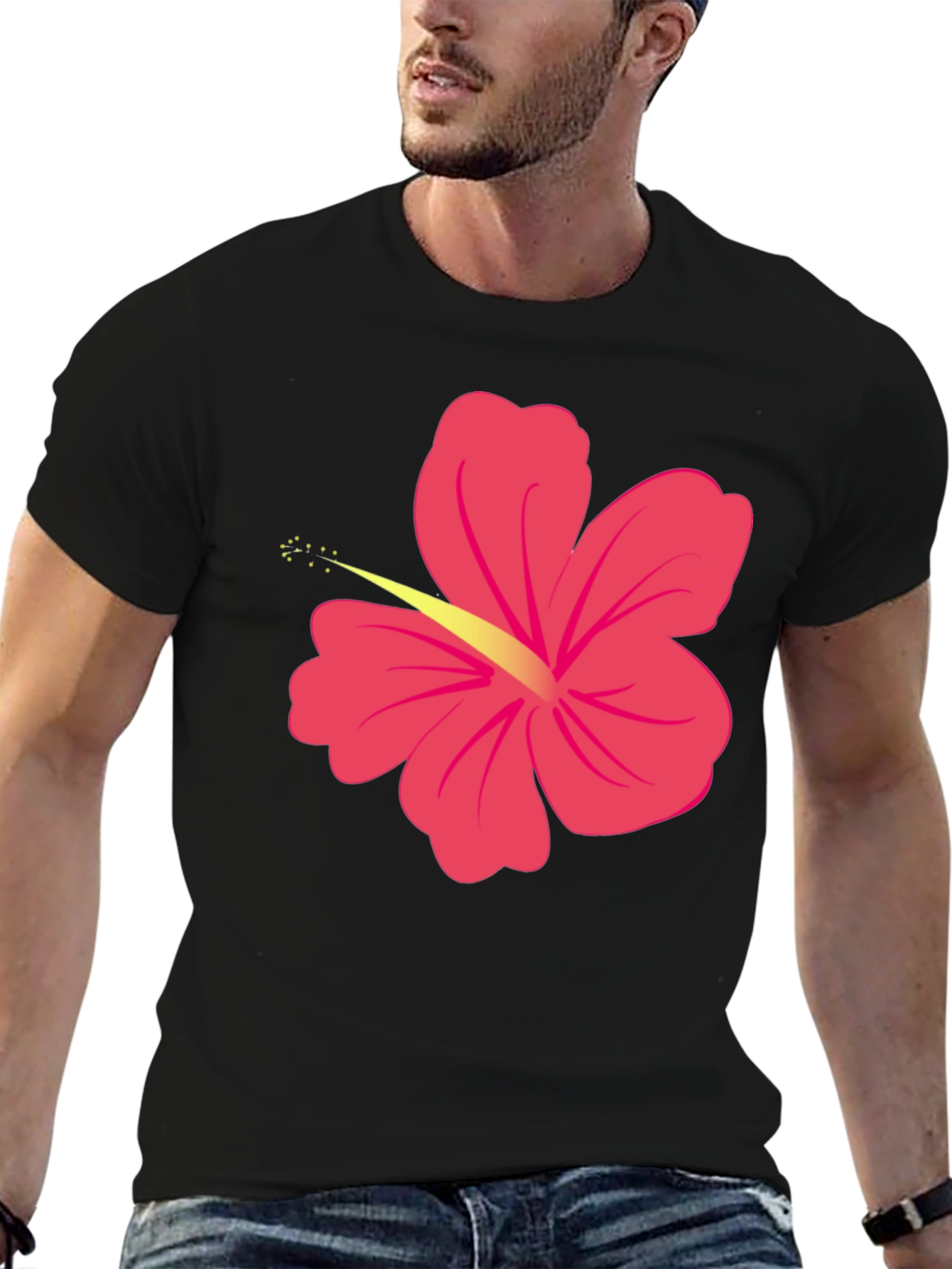 Black T-Shirt with Pink Hibiscus Flower Graphic