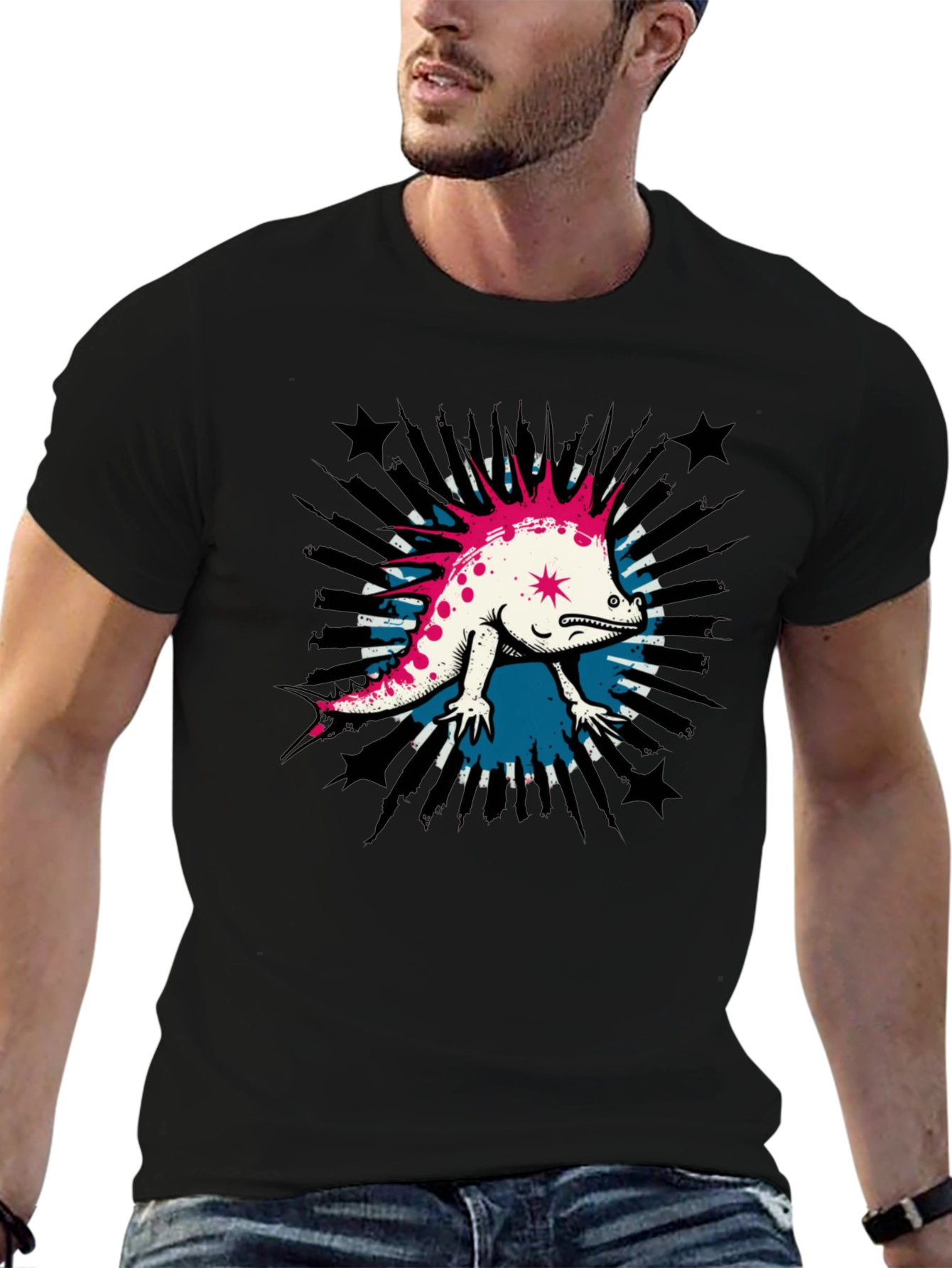 Cool Punk Lizard Graphic T-Shirt - Black