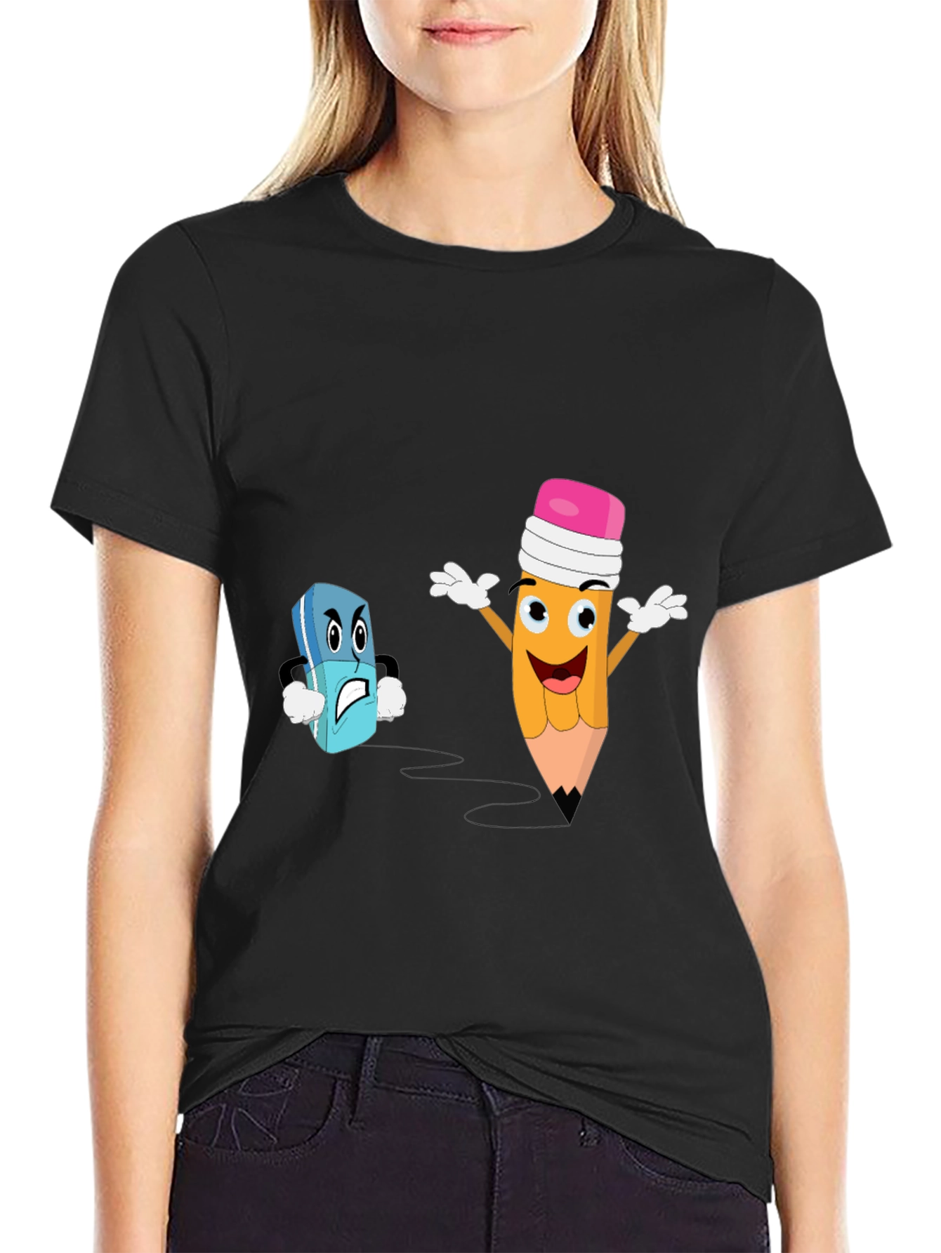 Funny Pencil vs Eraser Cartoon Black T-Shirt