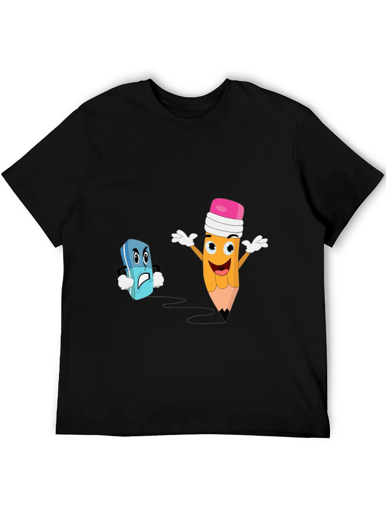 Funny Pencil vs Eraser Cartoon Black T-Shirt