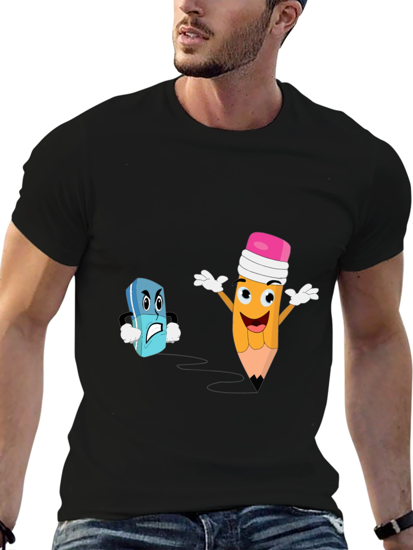 Funny Pencil vs Eraser Cartoon Black T-Shirt