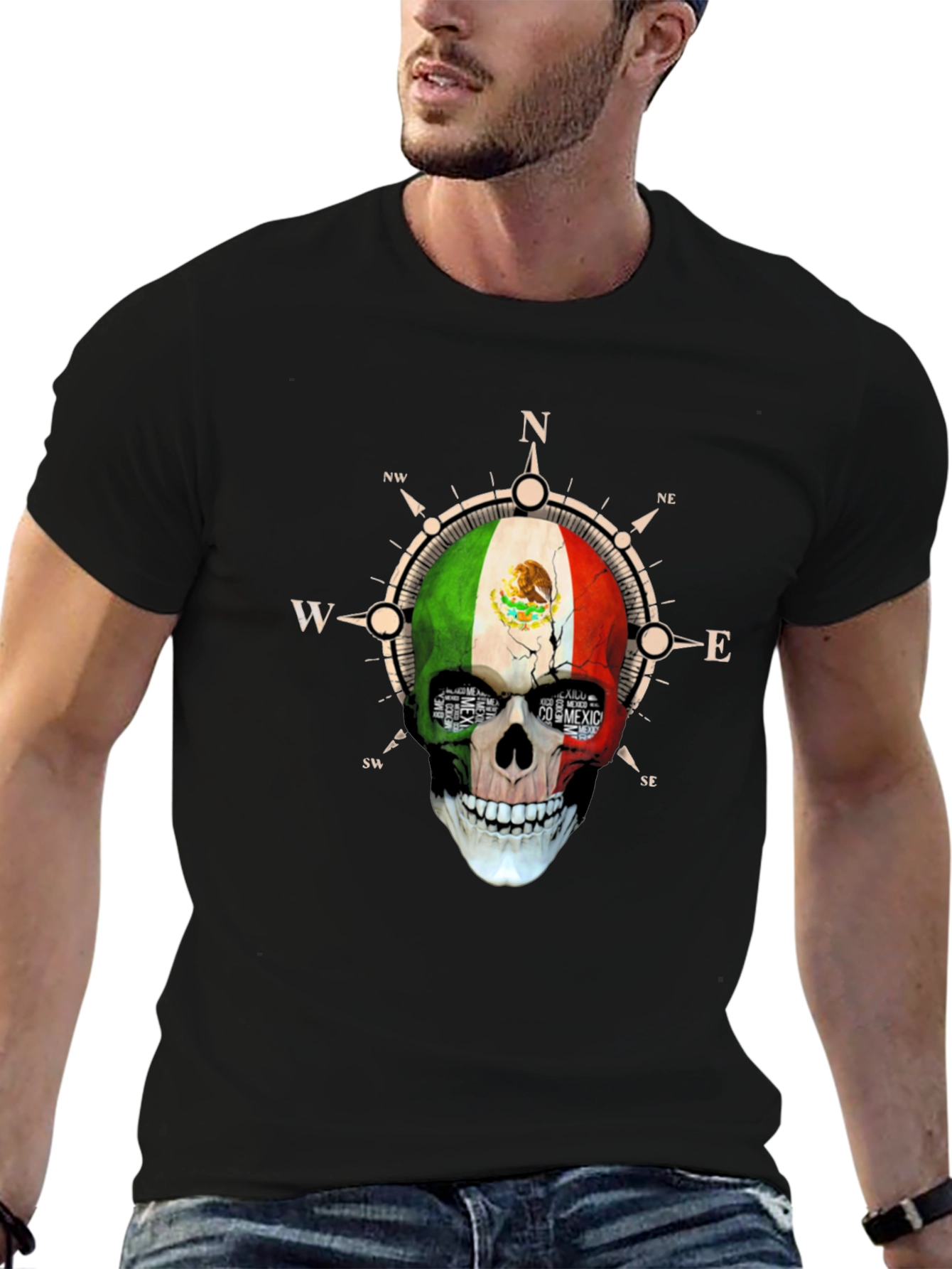 Mexico Flag Skull Compass T-Shirt