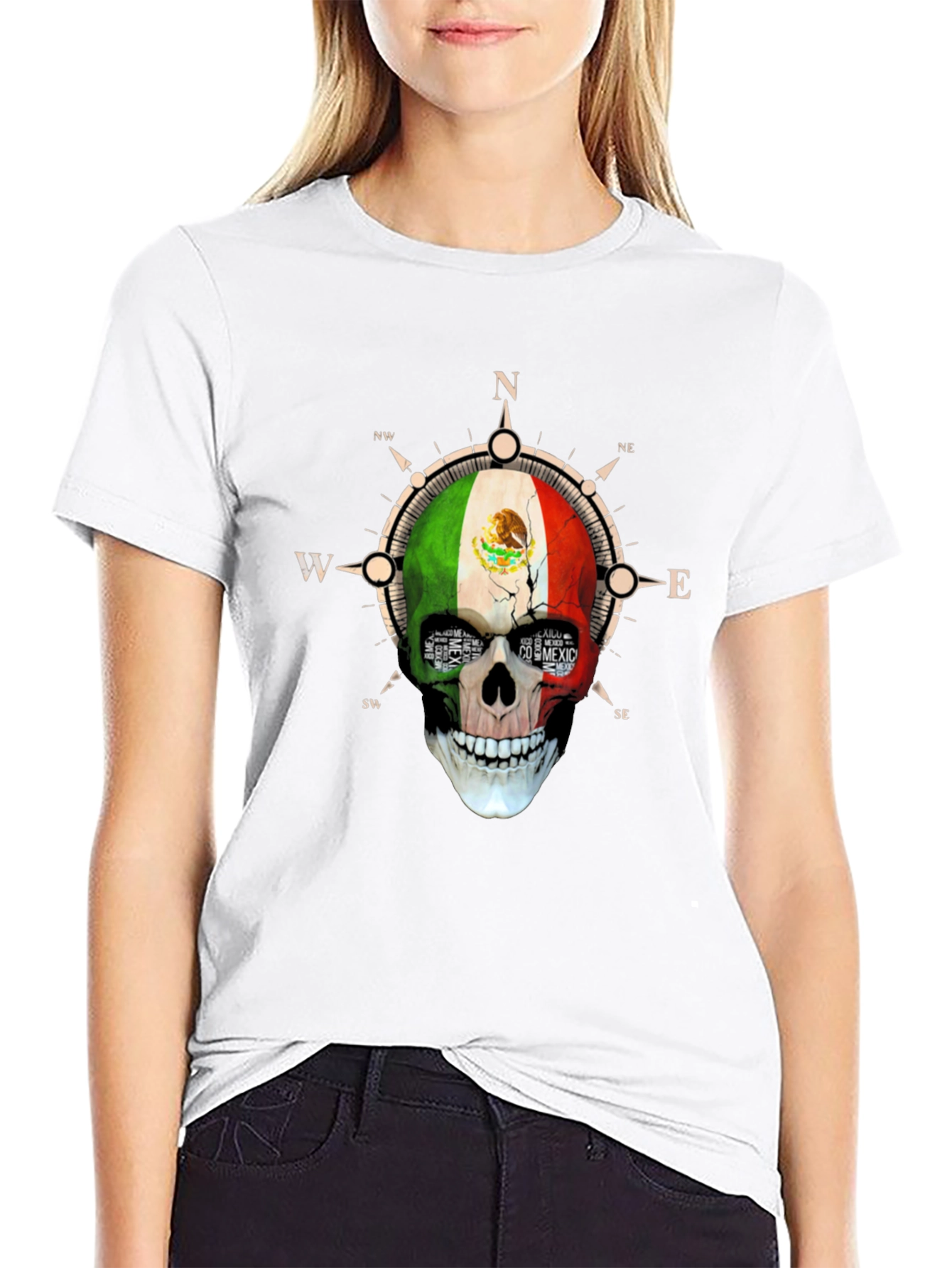 Mexico Flag Skull Compass T-Shirt