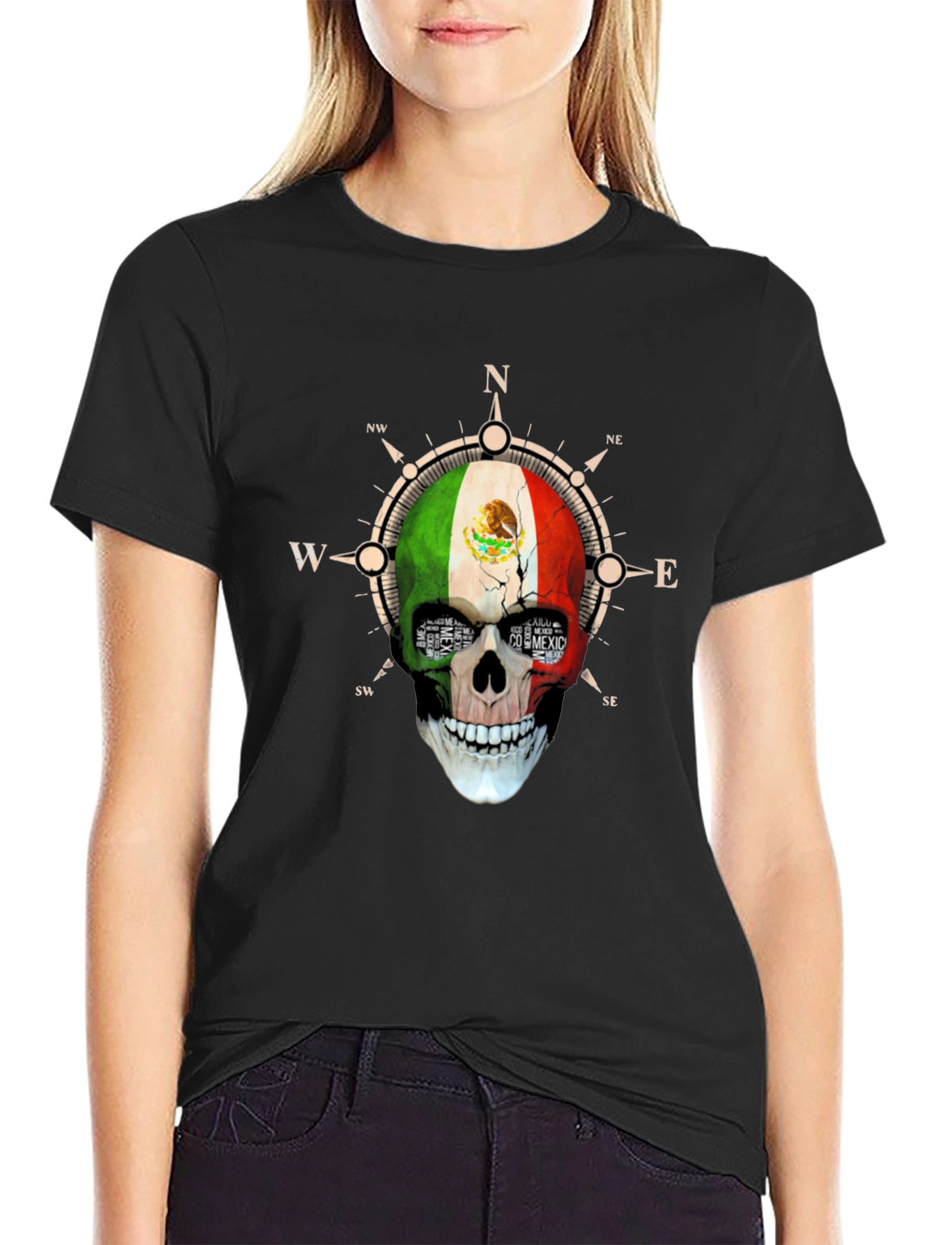 Mexico Flag Skull Compass T-Shirt