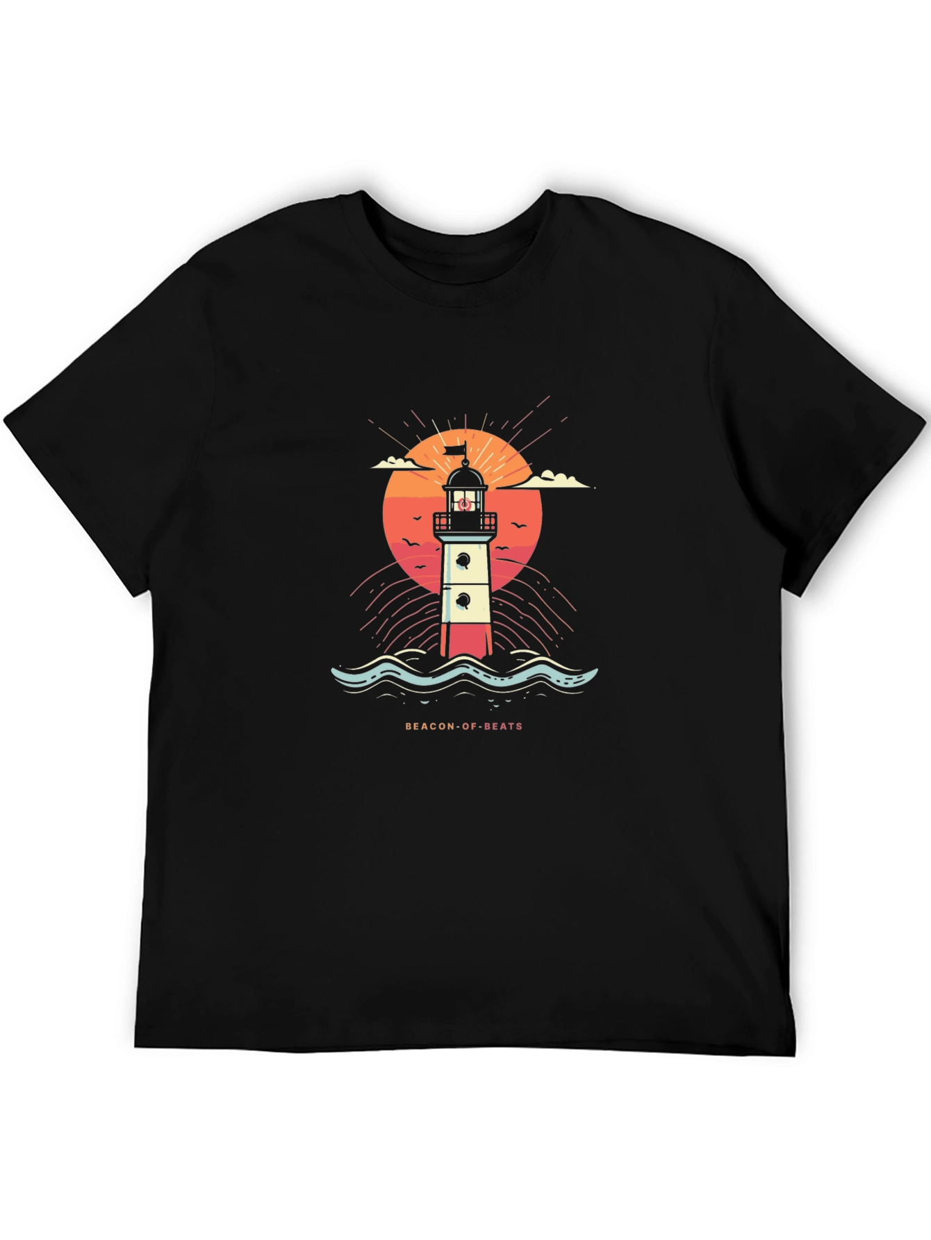 Beacon of Beats Graphic Tee - Retro Lighthouse Design