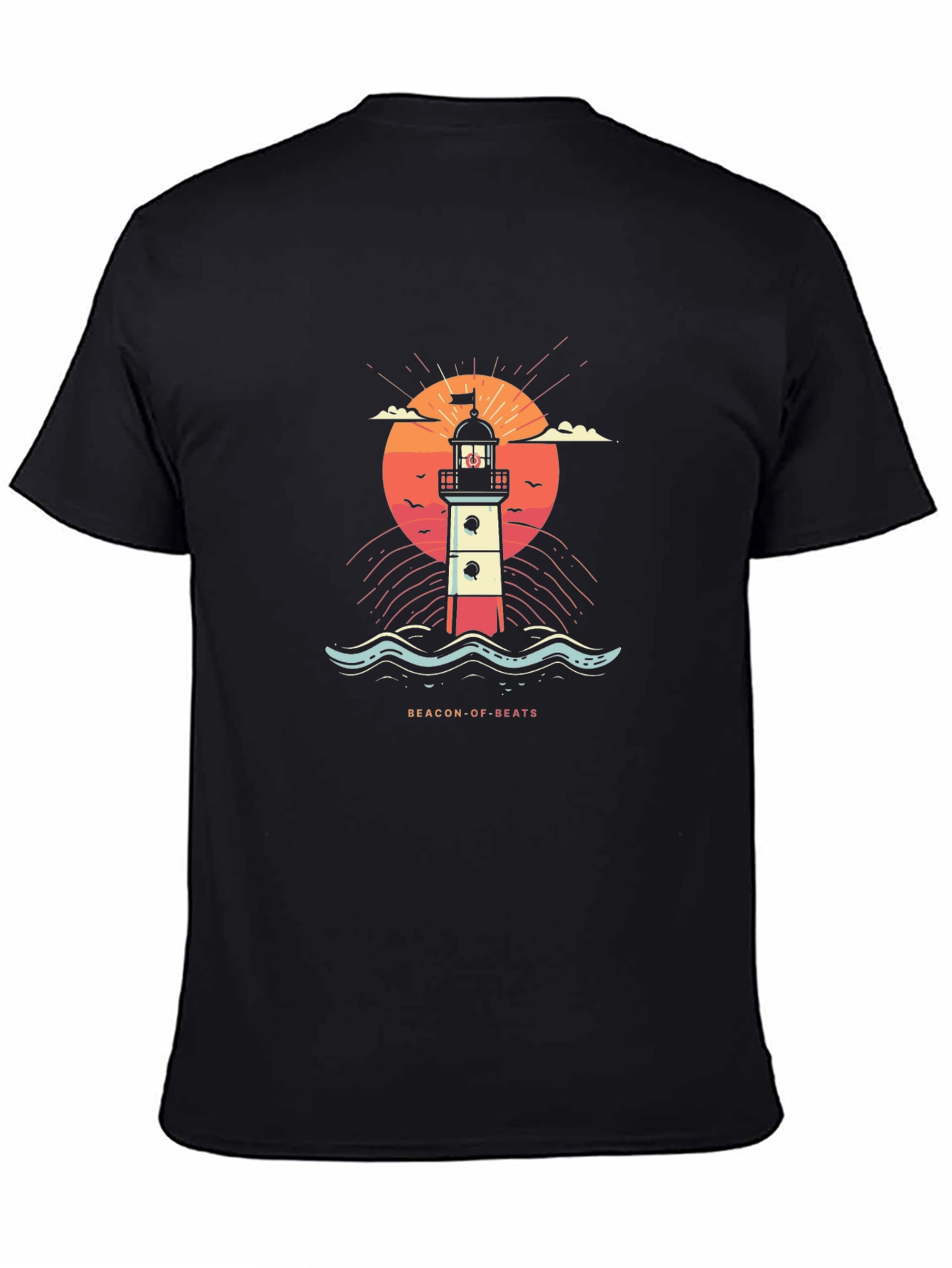 Beacon of Beats Graphic Tee - Retro Lighthouse Design