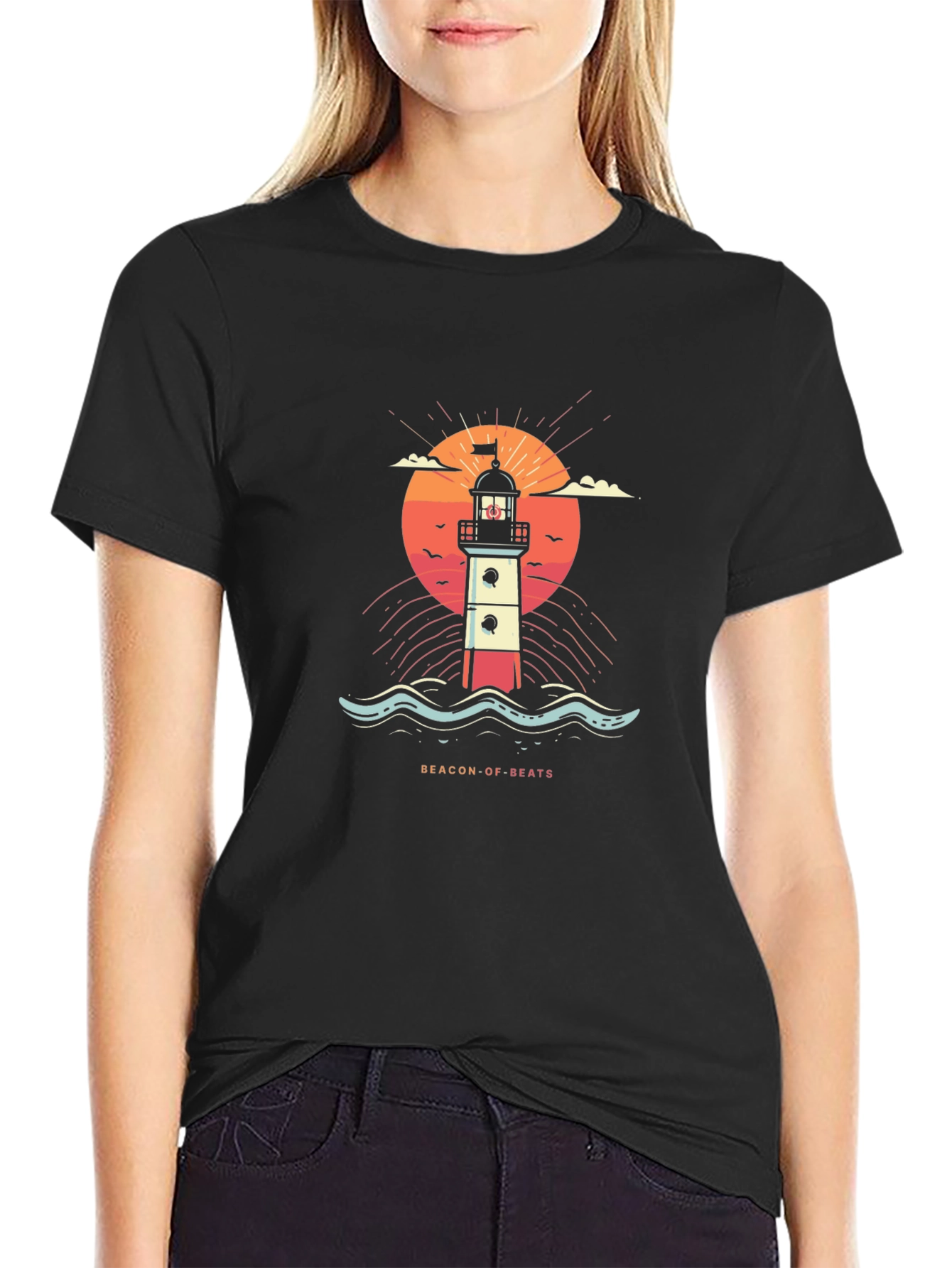 Beacon of Beats Graphic Tee - Retro Lighthouse Design