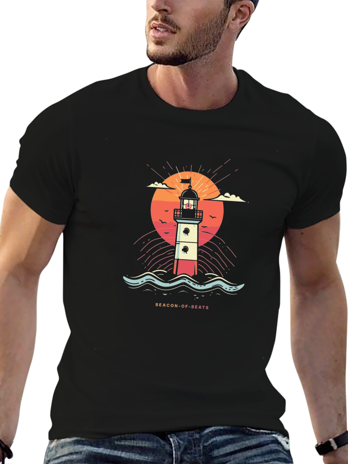 Beacon of Beats Graphic Tee - Retro Lighthouse Design