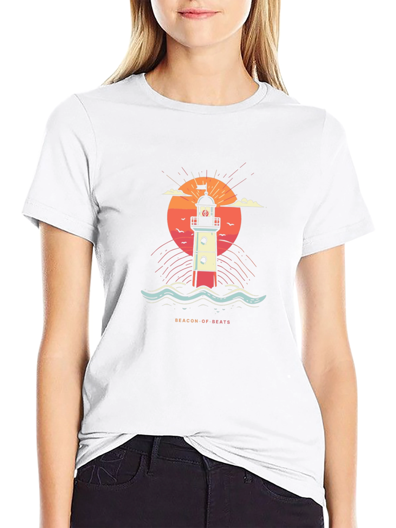 Beacon of Beats Graphic Tee - Retro Lighthouse Design