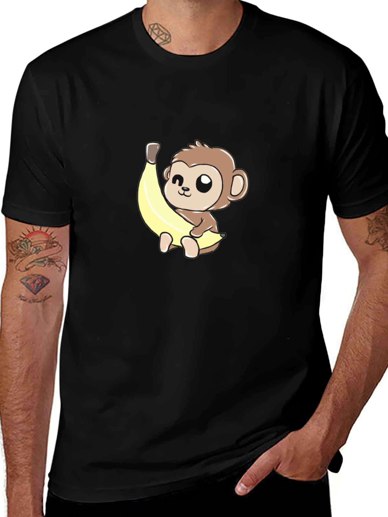 Cute Monkey Banana Graphic Tee - Unisex Black T-Shirt