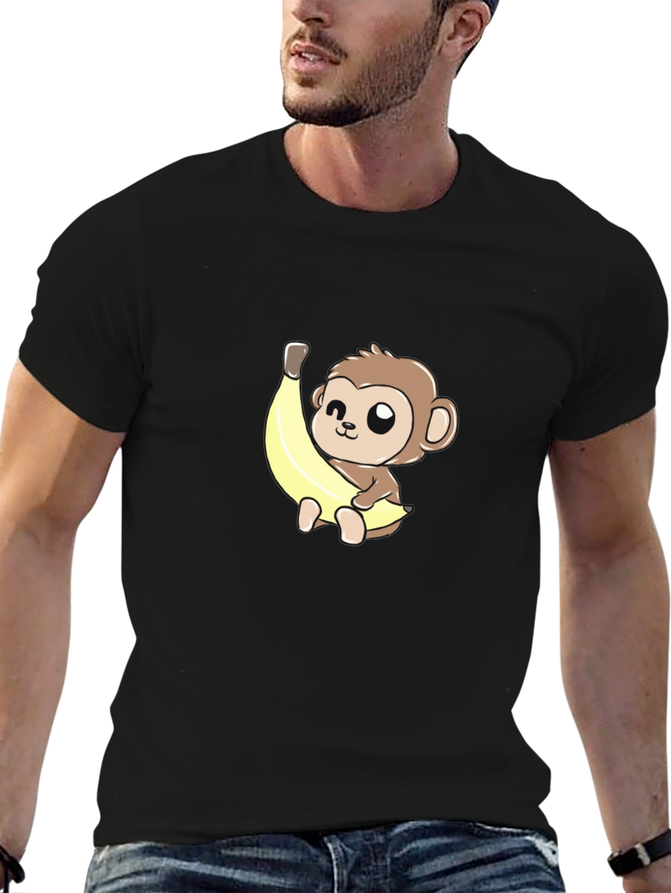 Cute Monkey Banana Graphic Tee - Unisex Black T-Shirt