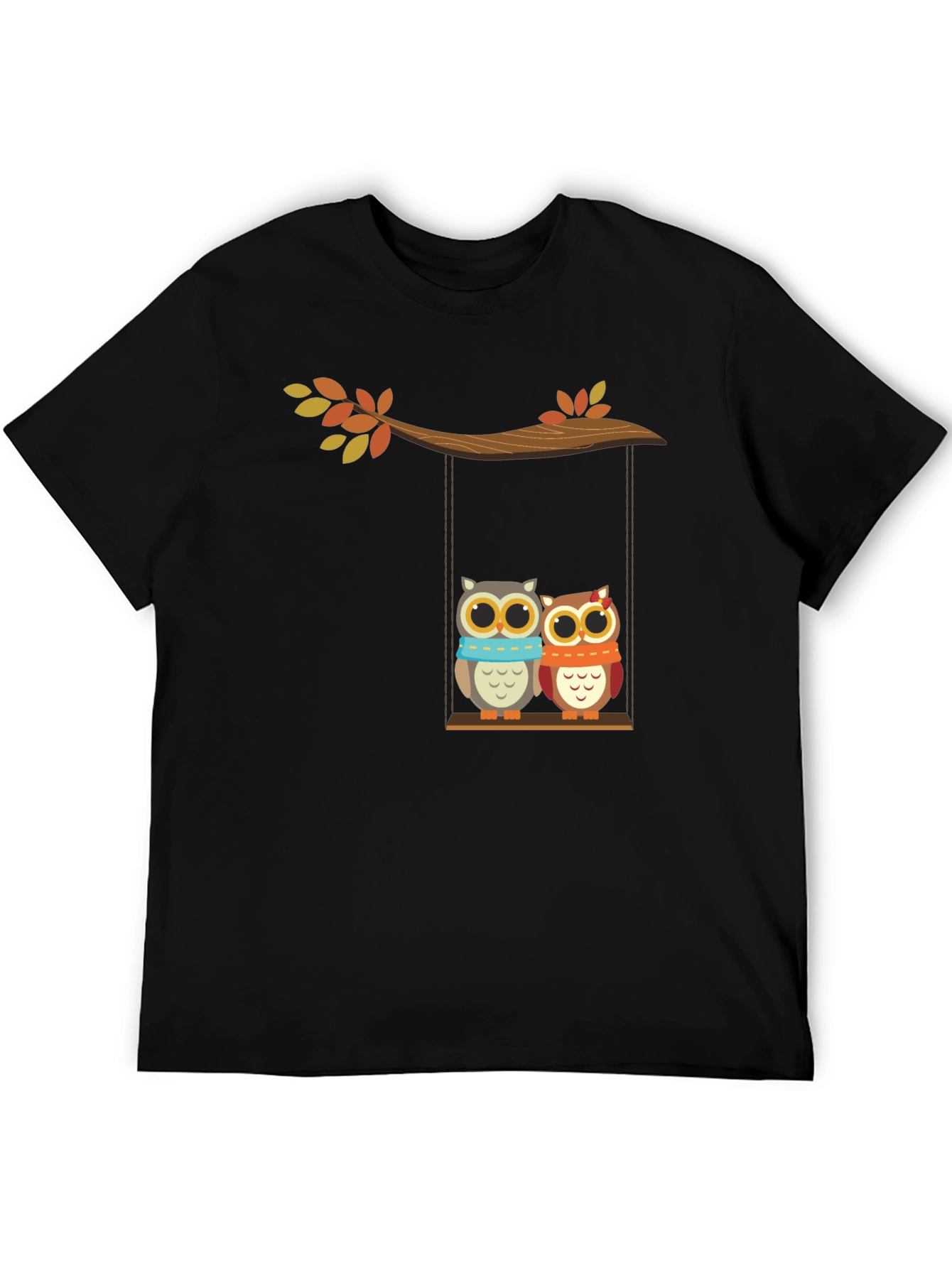 Cute Owl Couple on Swing Graphic Tee - Black