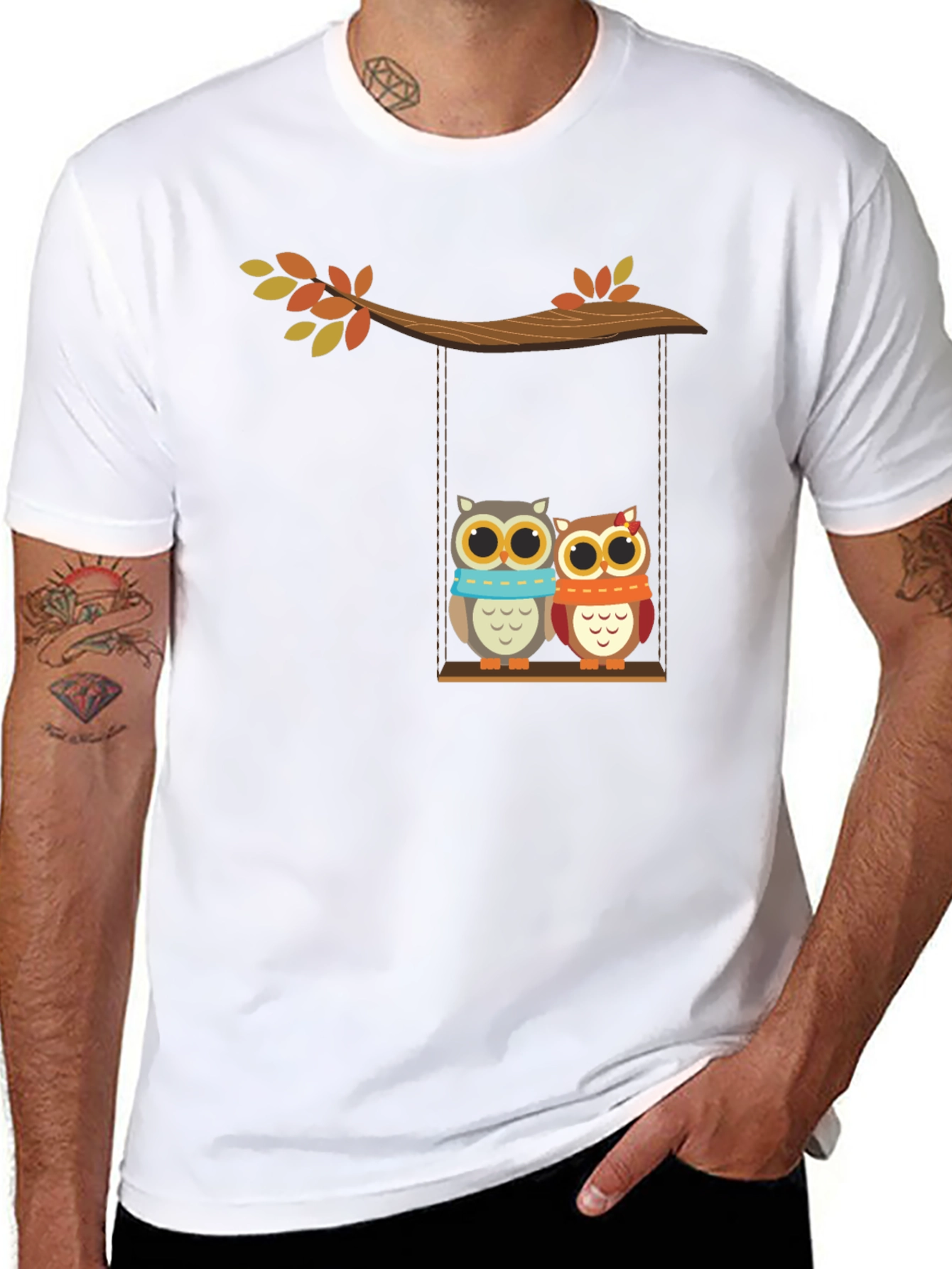 Cute Owl Couple on Swing Graphic Tee - Black