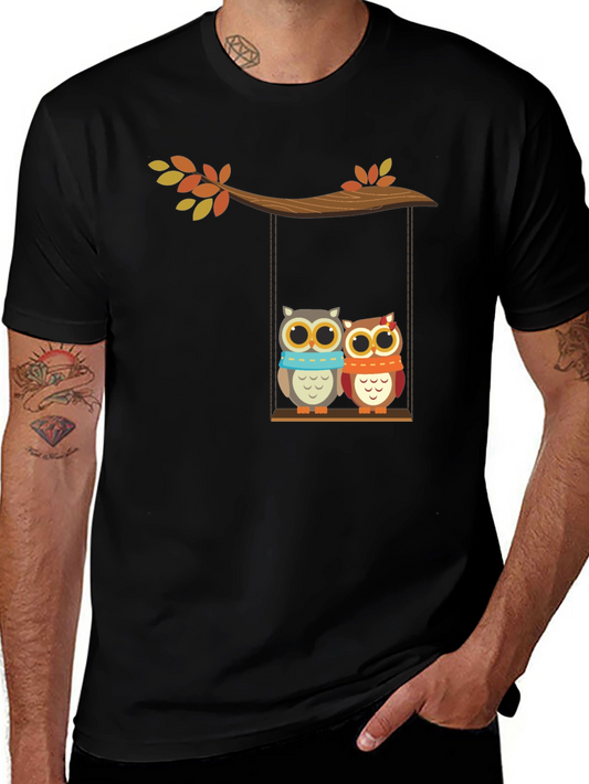 Cute Owl Couple on Swing Graphic Tee - Black