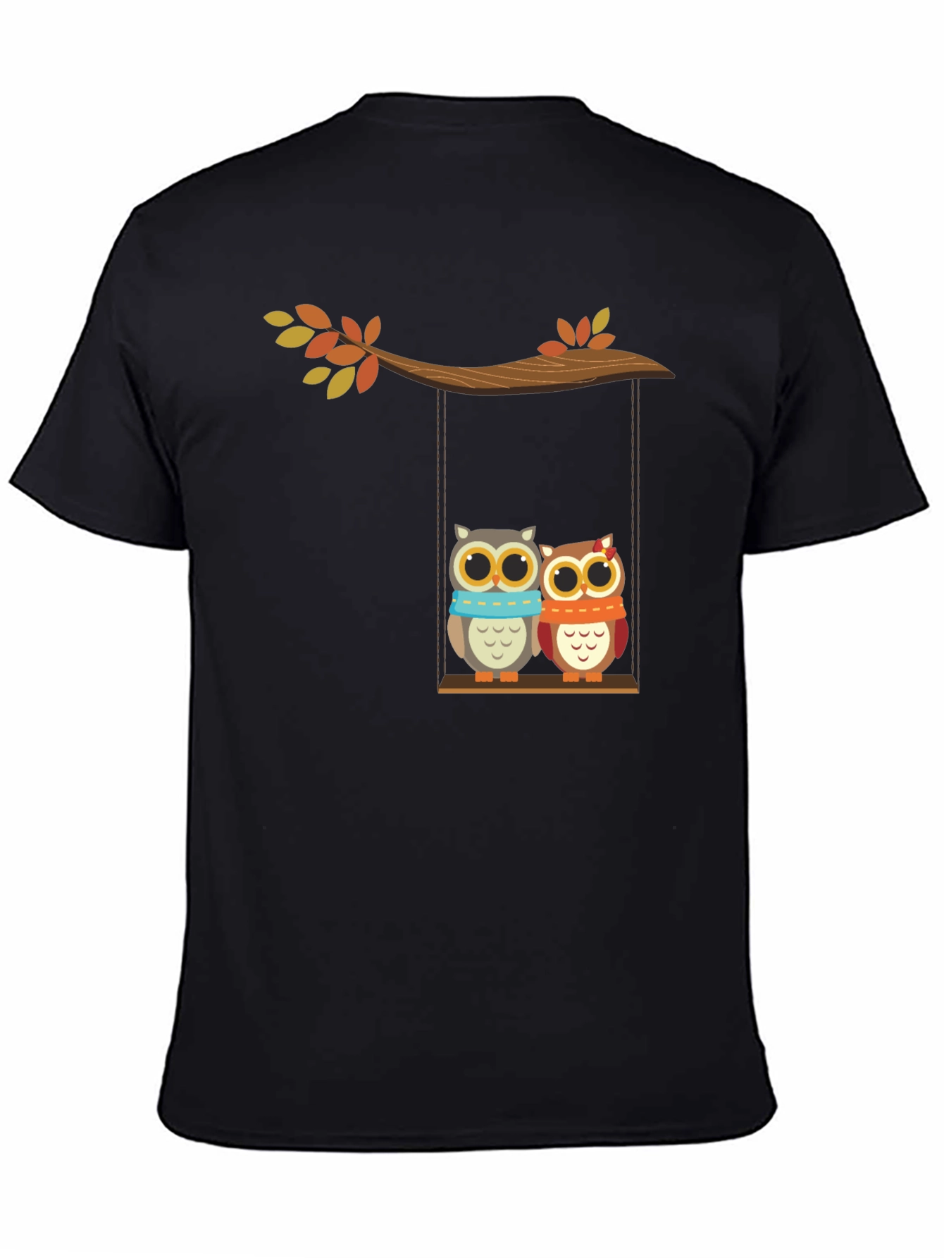 Cute Owl Couple on Swing Graphic Tee - Black