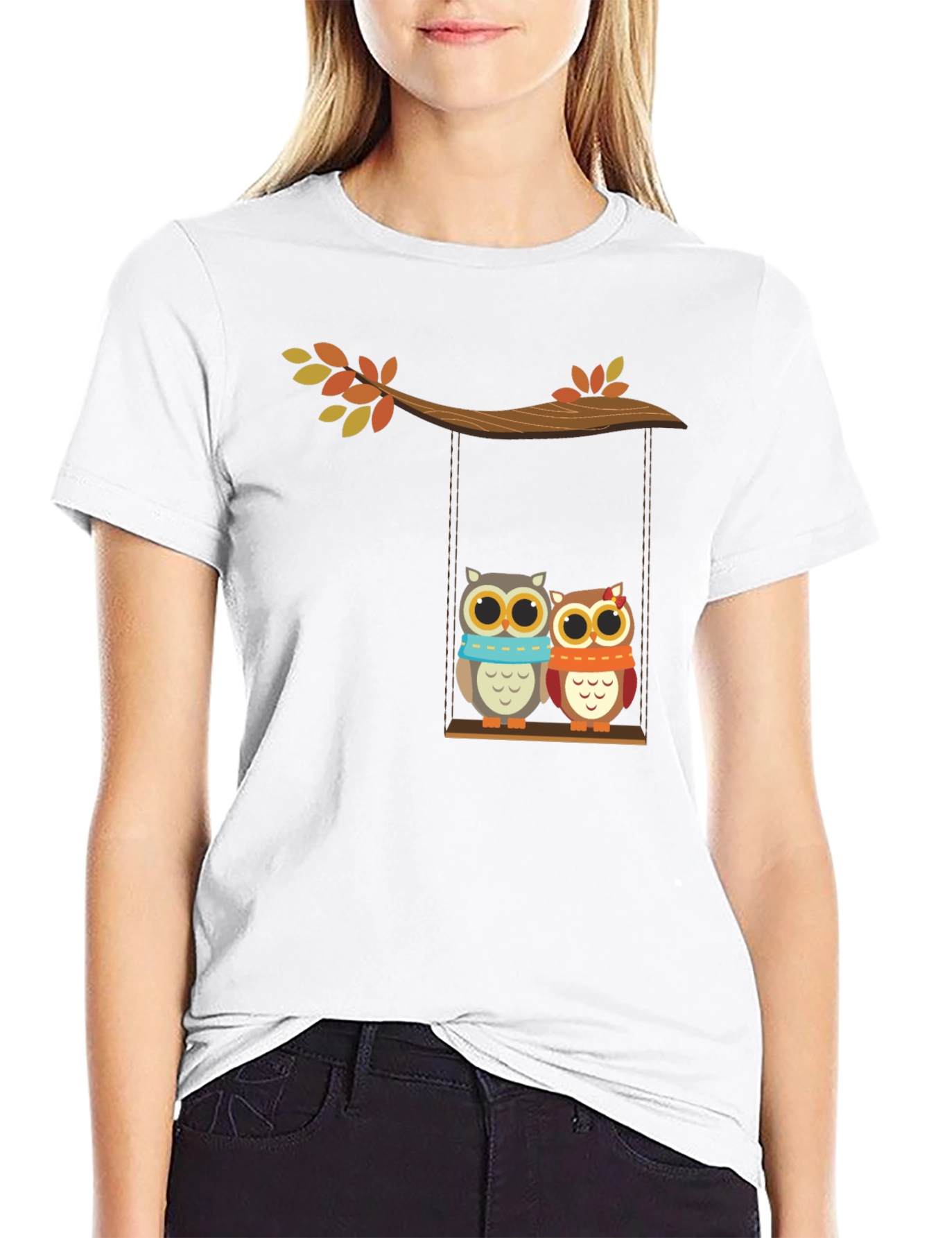 Cute Owl Couple on Swing Graphic Tee - Black
