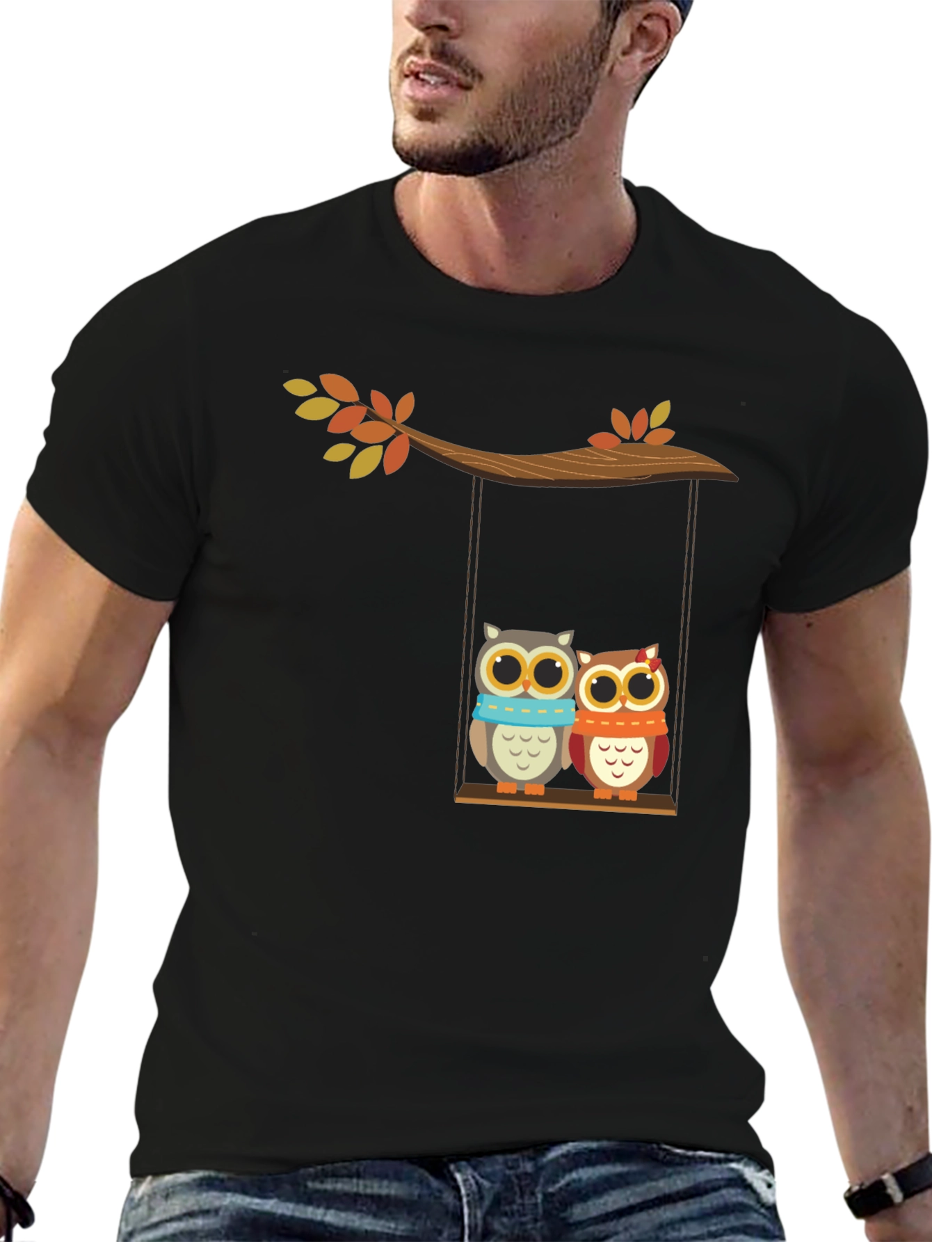 Cute Owl Couple on Swing Graphic Tee - Black