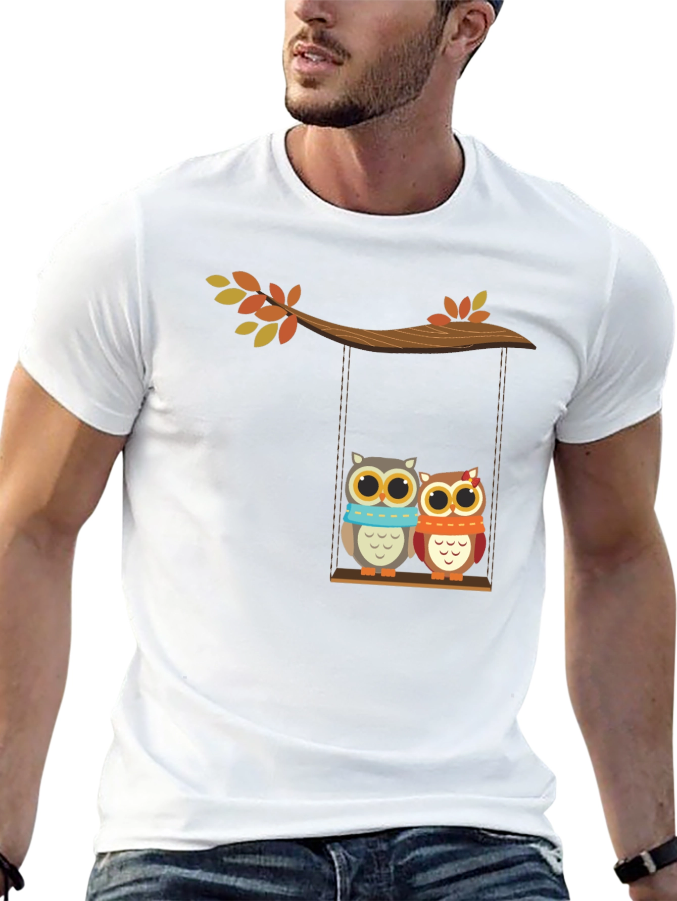 Cute Owl Couple on Swing Graphic Tee - Black