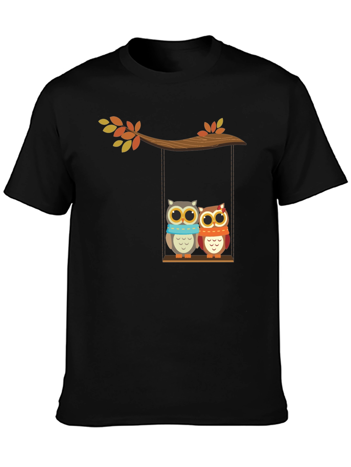 Cute Owl Couple on Swing Graphic Tee - Black
