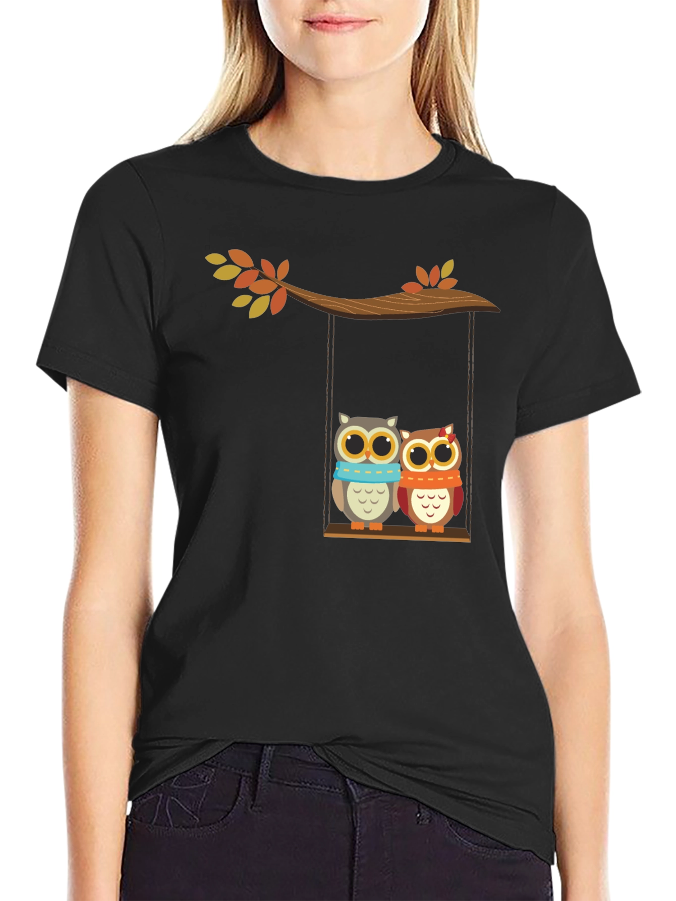 Cute Owl Couple on Swing Graphic Tee - Black