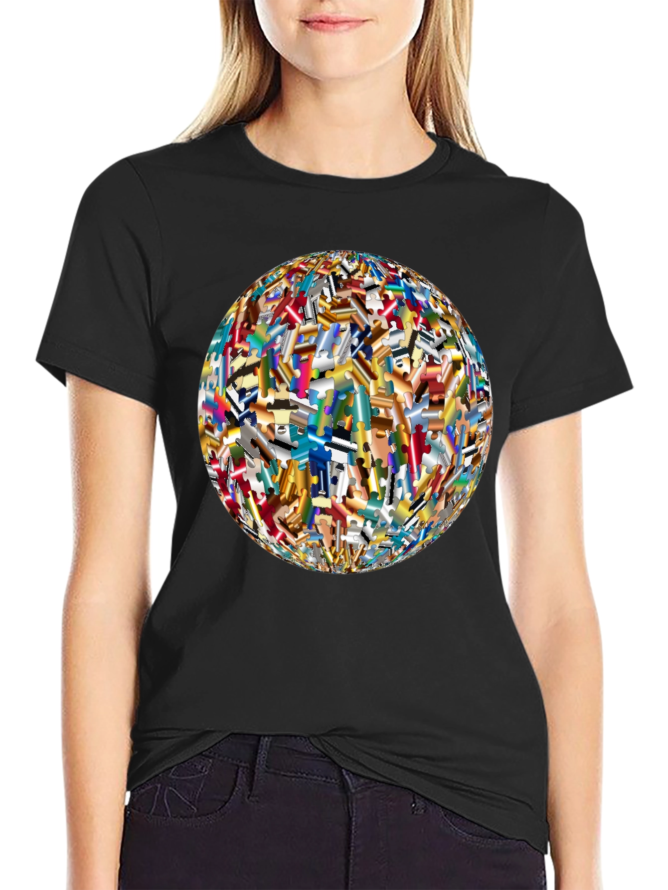 Puzzle Piece World Graphic Black T-Shirt