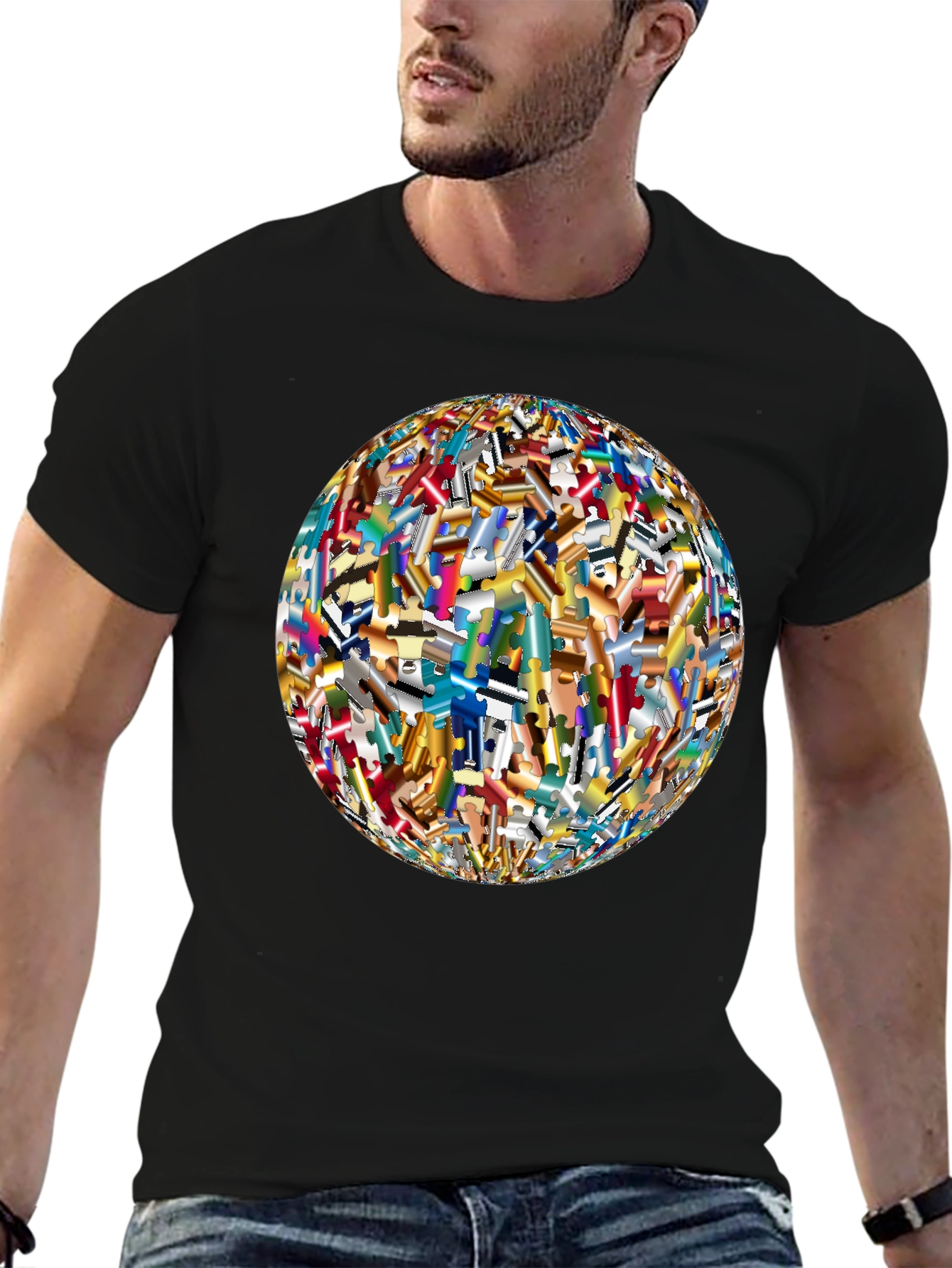 Puzzle Piece World Graphic Black T-Shirt