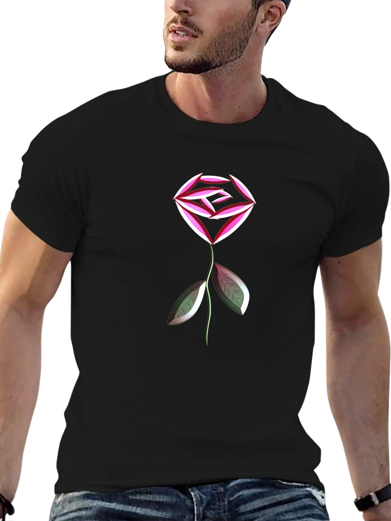 Abstract Geometric Rose Graphic Black T-Shirt