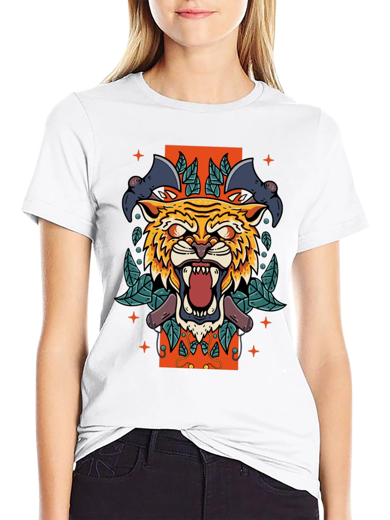 Tiger & Bats Graphic Print Black T-Shirt