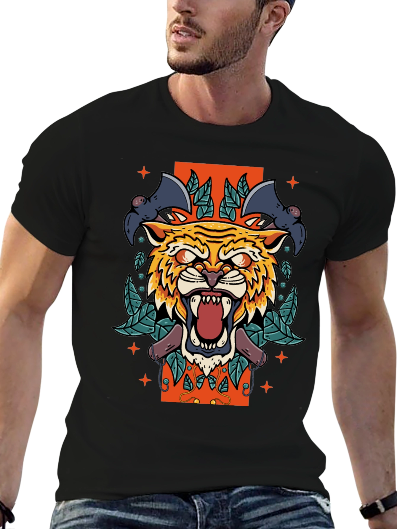 Tiger & Bats Graphic Print Black T-Shirt