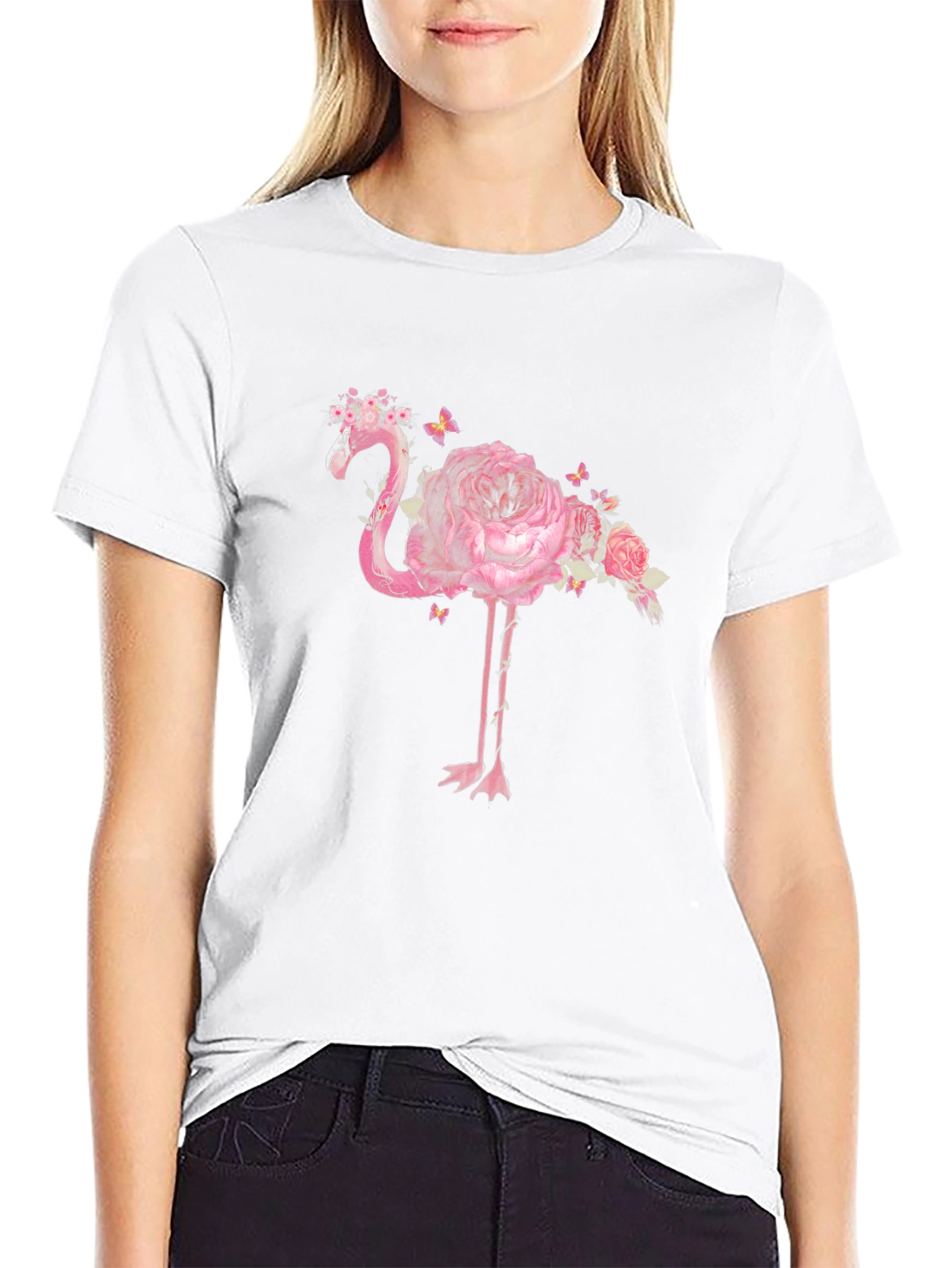 Floral Flamingo Graphic Tee - Black Cotton Shirt