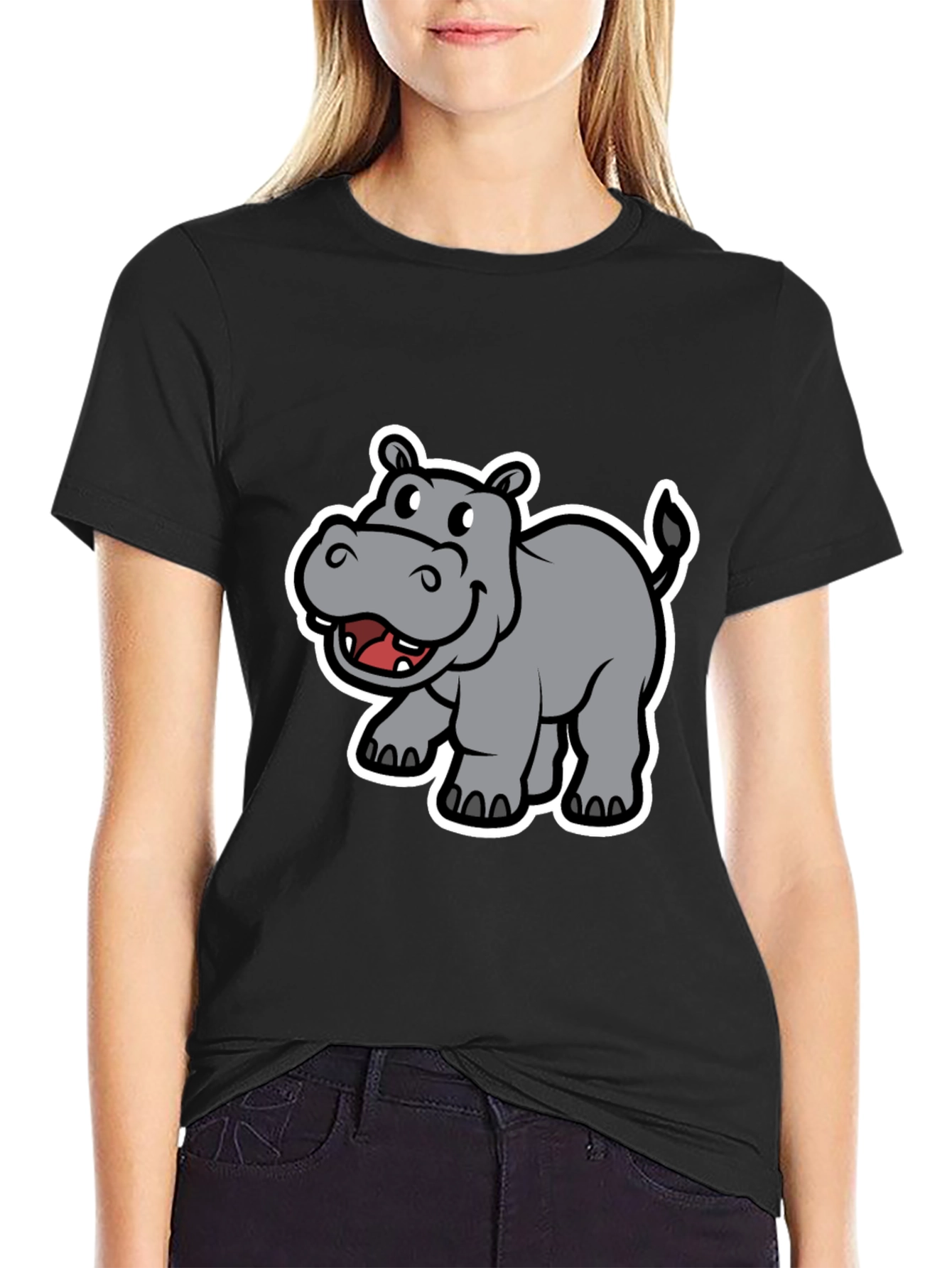 Hippo Cartoon Graphic Black T-Shirt