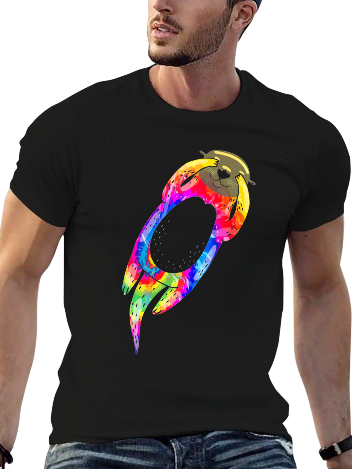 Tie-Dye Sloth Graphic Black T-Shirt