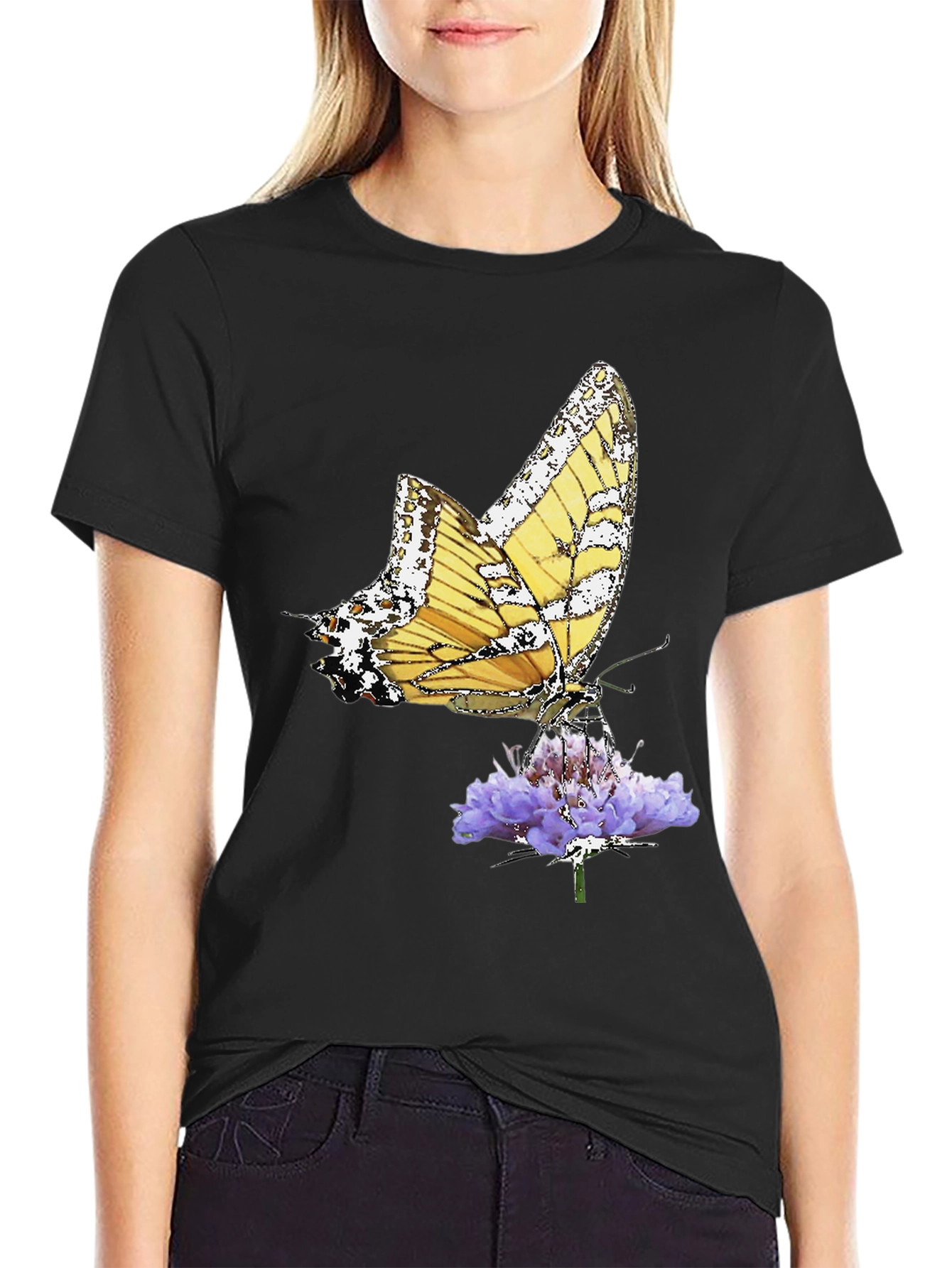 Butterfly Flower Black T-Shirt Graphic Tee