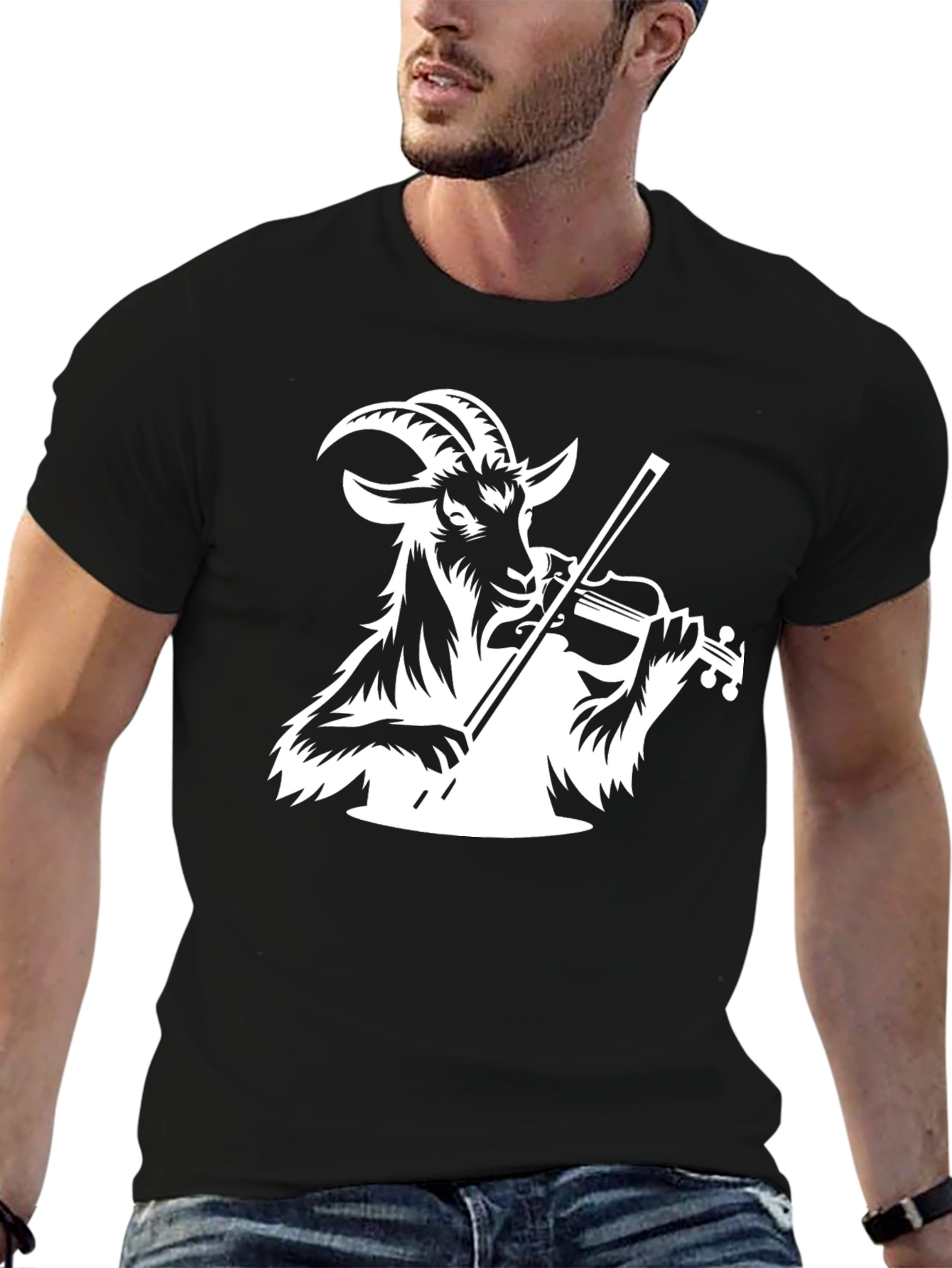 Goat Violinist Graphic Tee - Black Cotton T-Shirt