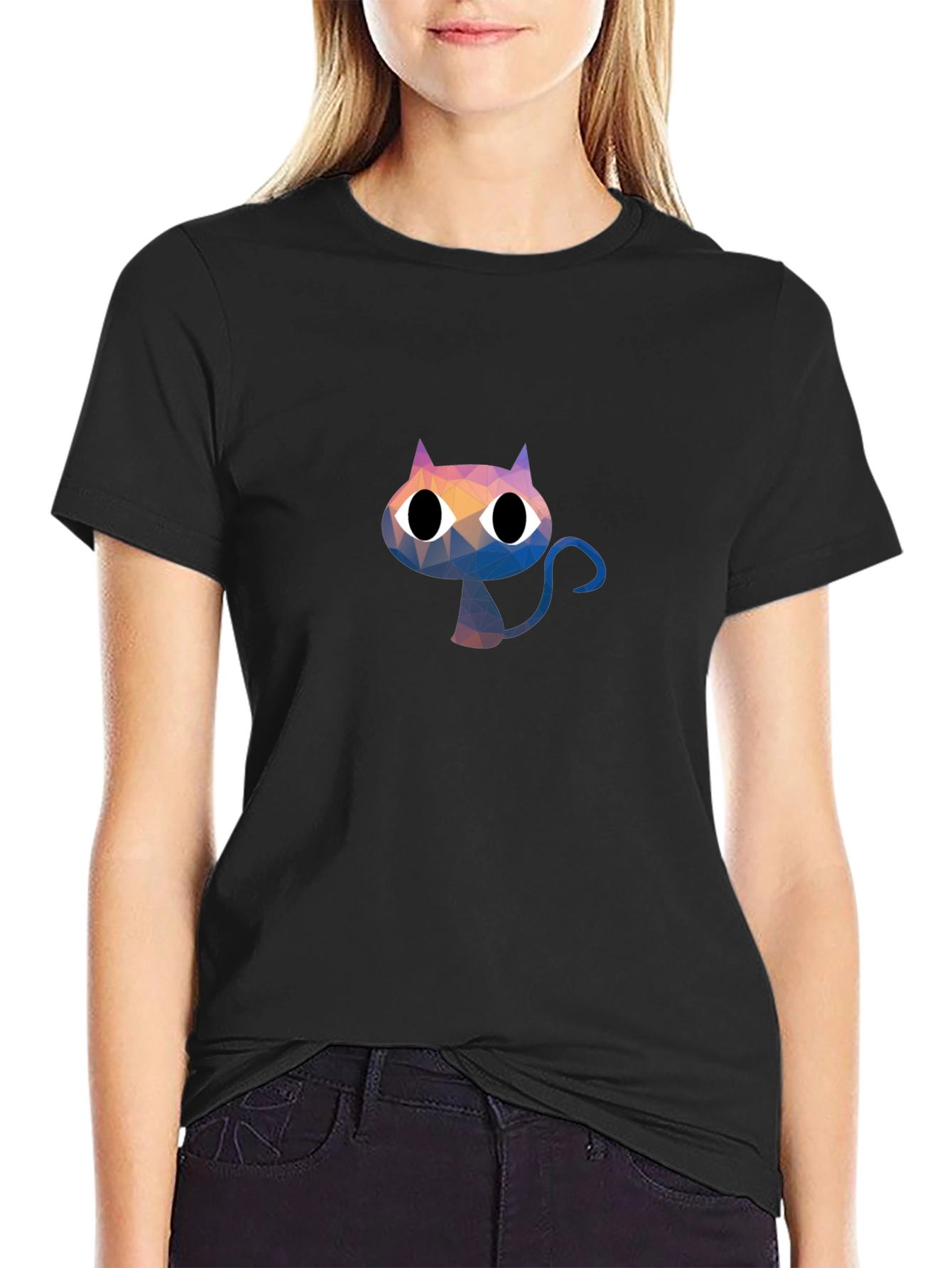 Abstract Cat Graphic Print Black T-Shirt