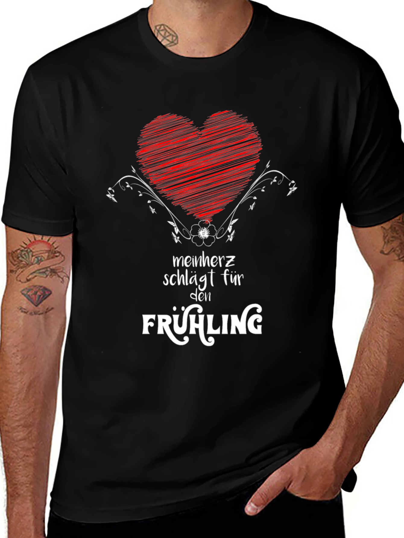 Mens Black T-Shirt with Heart & Spring Graphic