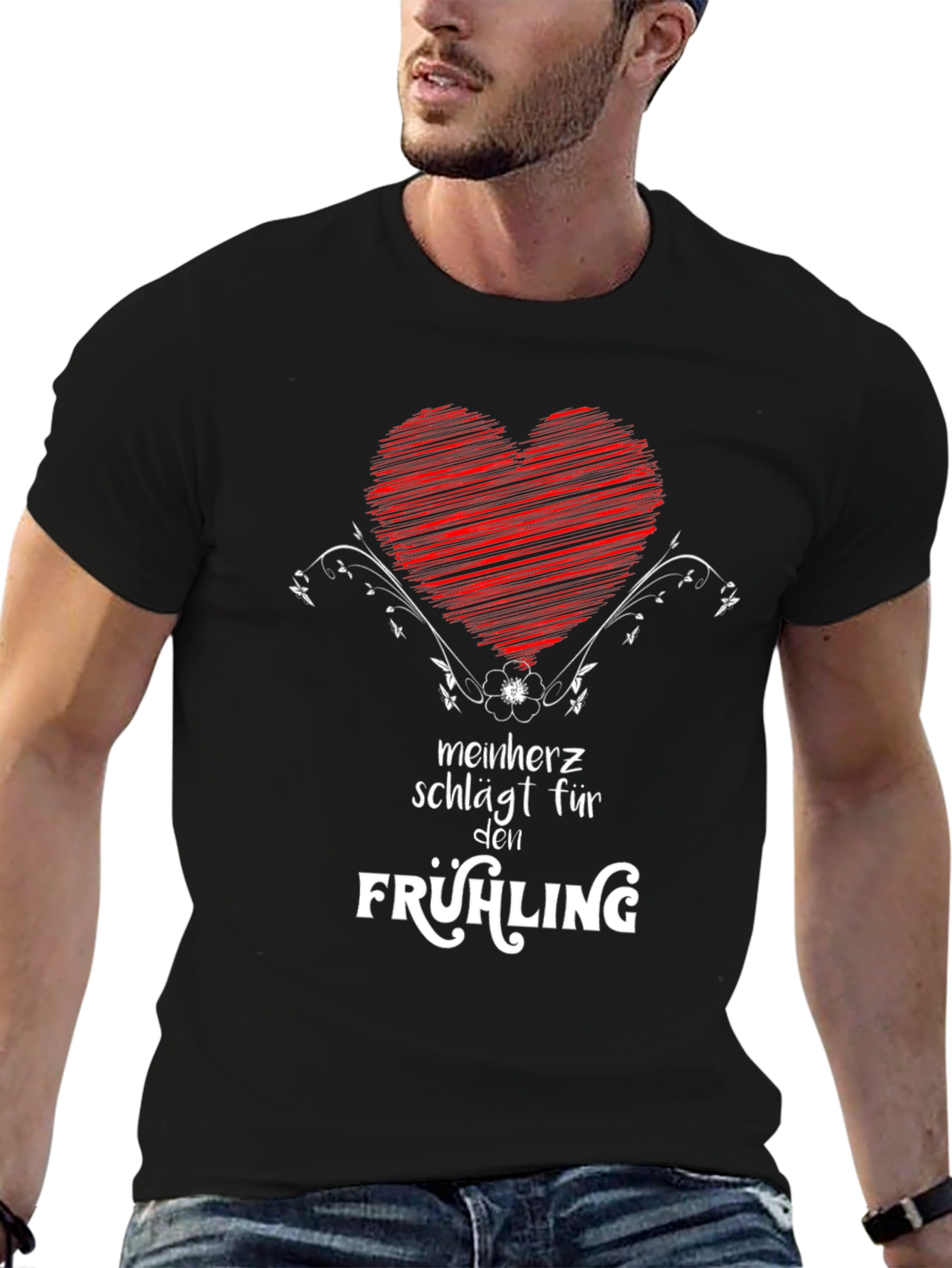 Mens Black T-Shirt with Heart & Spring Graphic