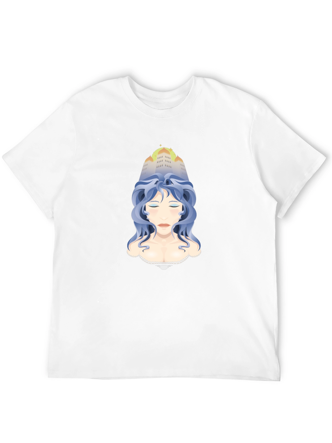 Dreamscape Tee: Woman Cityscape Blue Hair