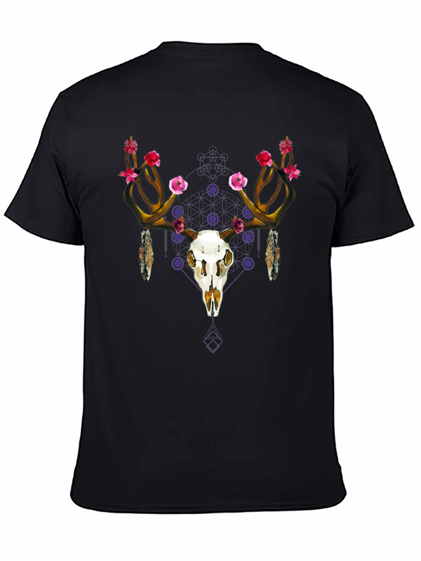 Floral Deer Skull Graphic Tee - Black Cotton